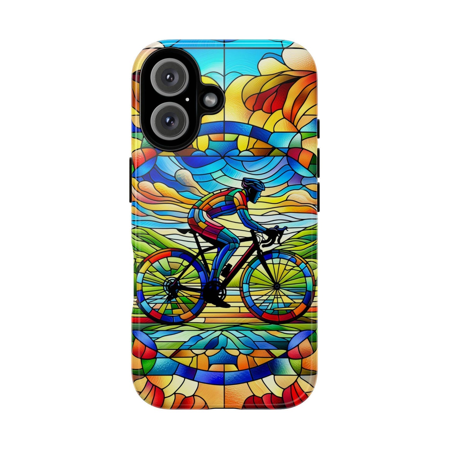 The Golden Value SG Cycling Phone Case features a colorful stained-glass style with a cyclist, vibrant sun, clouds, and landscape, shown resting on a light surface with sky and clouds in the background.