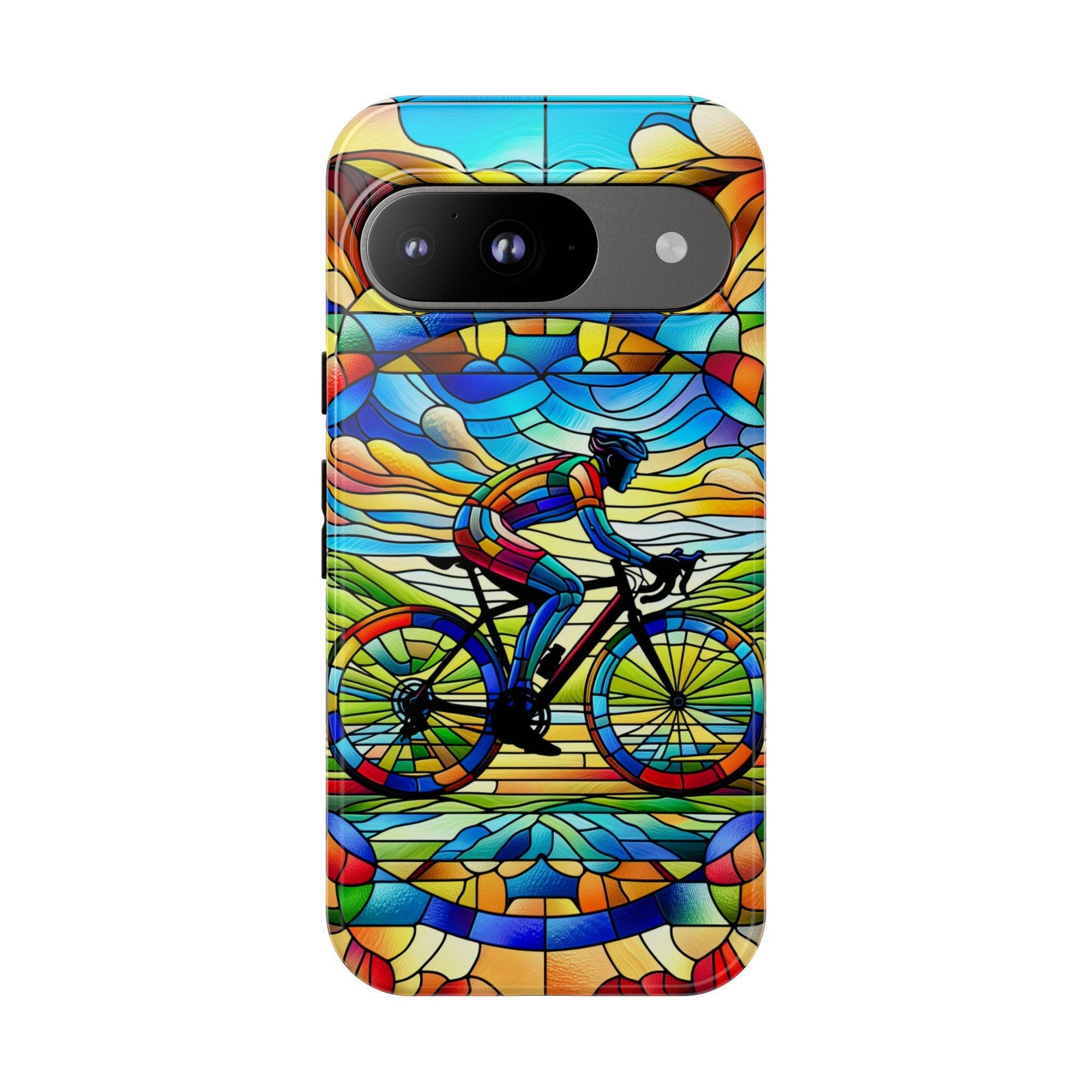 Cycling Phone Case, Faux Stained Glass Cover For iPhone 16 15 14 13 Pro Samsung Pixel Cyclist Birthday Christmas Gift For Husband Bike Lover