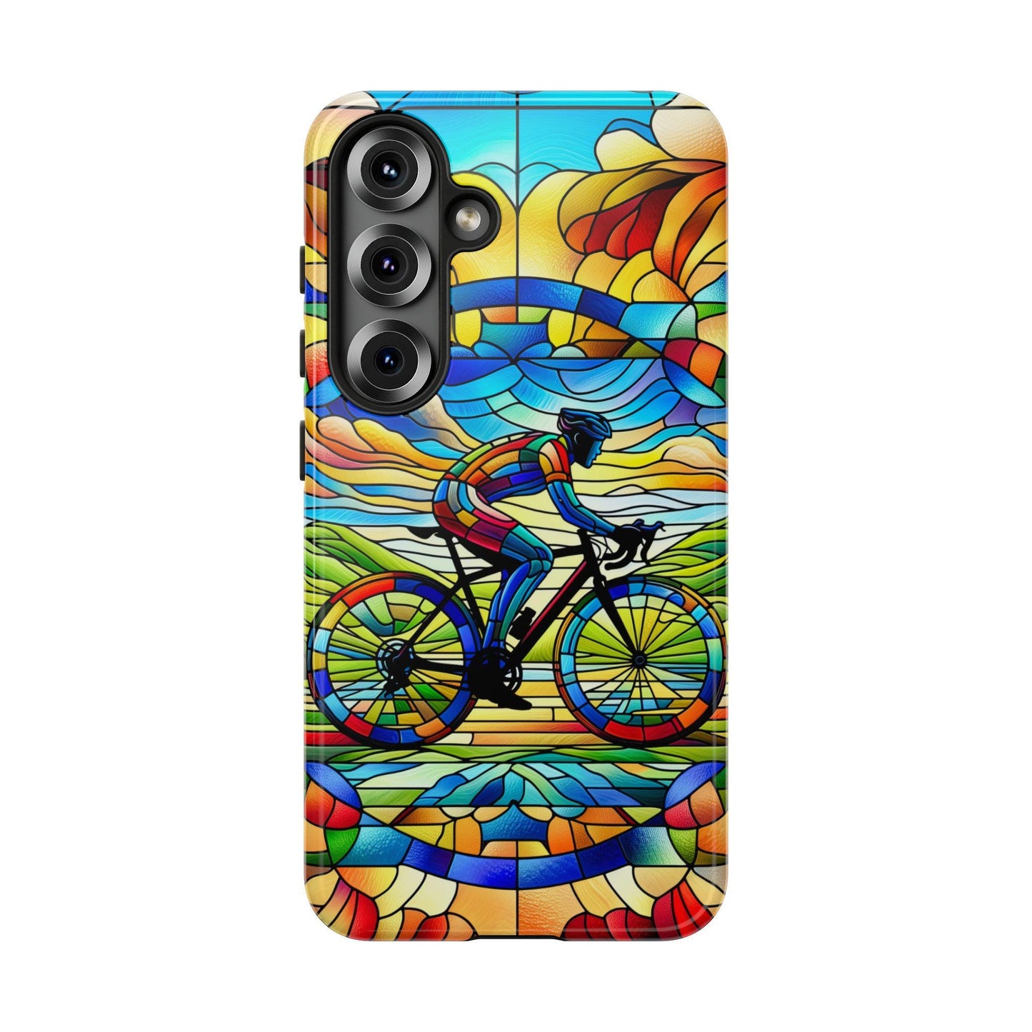 Cycling Phone Case, Faux Stained Glass Cover For iPhone 16 15 14 13 Pro Samsung Pixel Cyclist Birthday Christmas Gift For Husband Bike Lover