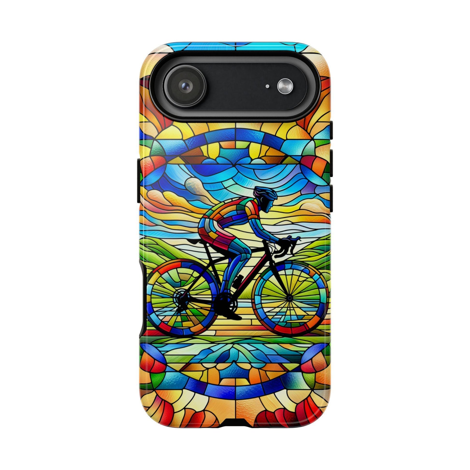 Cycling Phone Case, Faux Stained Glass Cover For iPhone 16 15 14 13 Pro Samsung Pixel Cyclist Birthday Christmas Gift For Husband Bike Lover