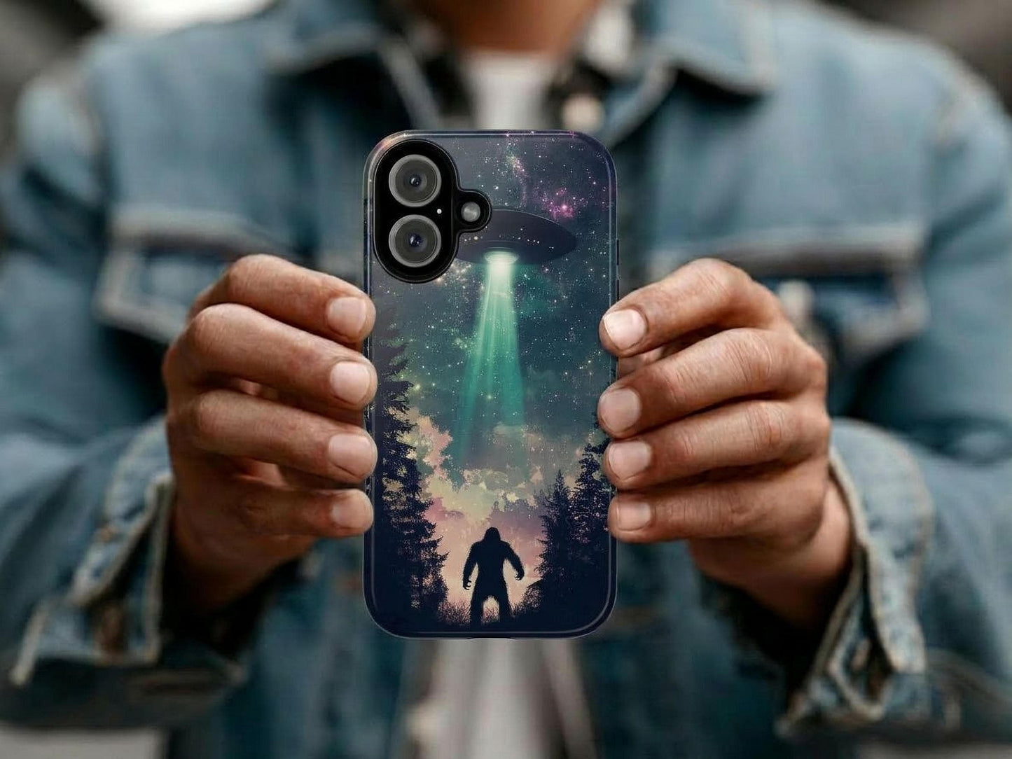 Bigfoot UFO Phone Case for iPhone, Samsung & Pixel | Alien Abduction Sasquatch | Sci-Fi Cryptid Art | Cosmic Forest Mystery Gift