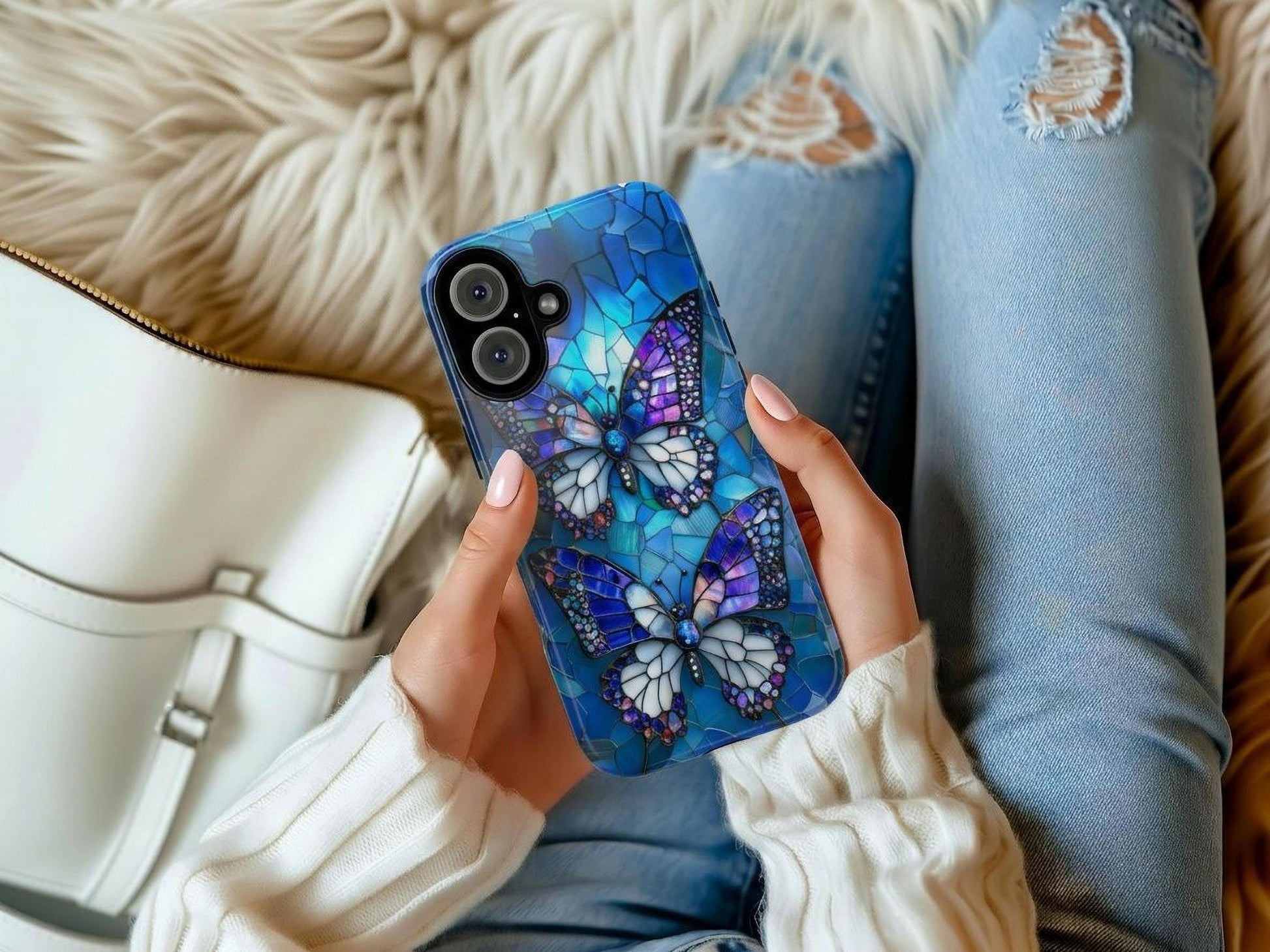 Stained Glass Butterfly Phone Case for iPhone, Samsung & Pixel, Vibrant Blue Purple Monarch Art
