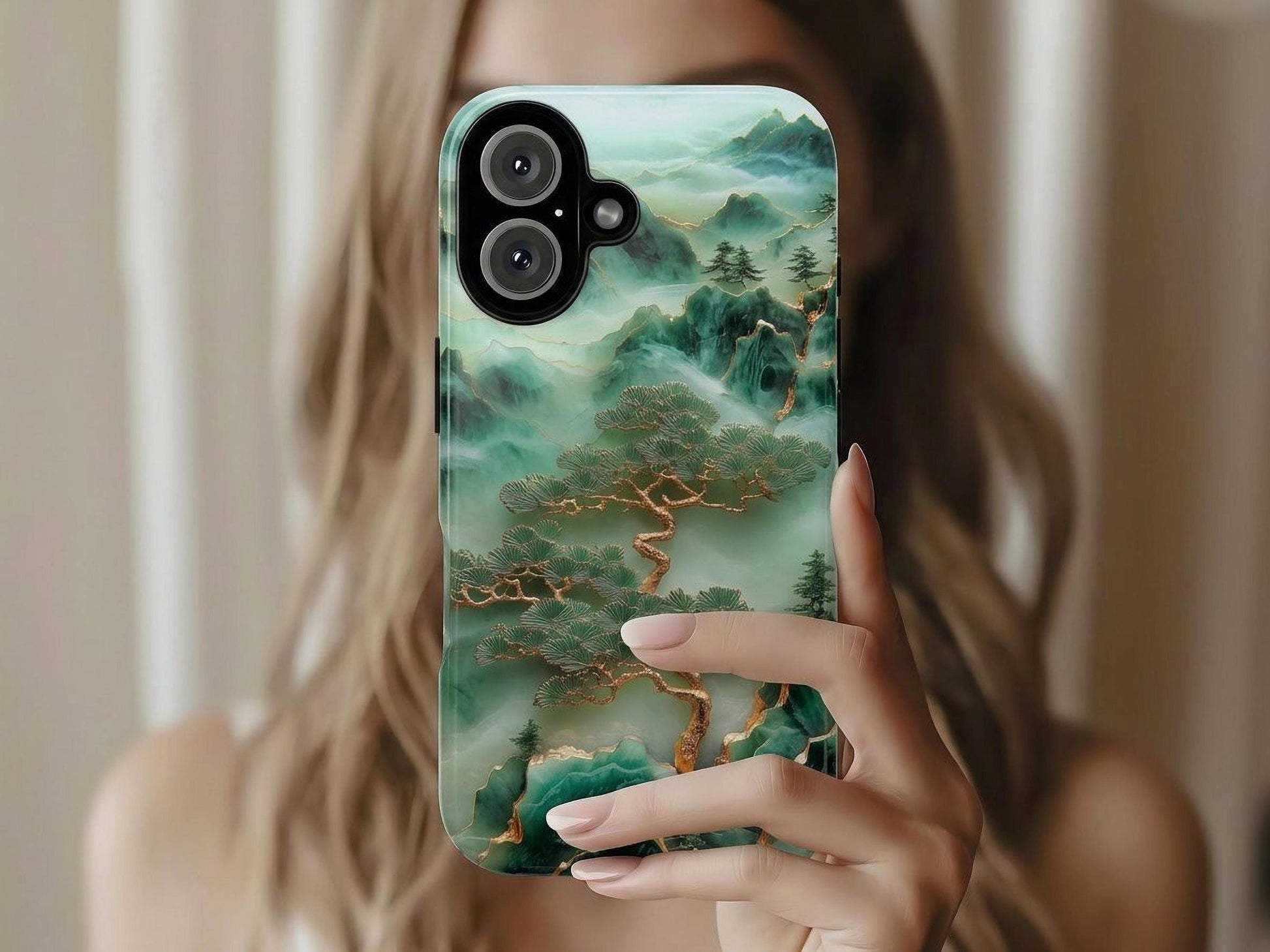 Unique Jade Carving Phone Case with Chinese Art Landscape Golden Tree Cover, Iphone 16 15 14 13 Pro Max Plus, Galaxy Pixel, Birthday Gift