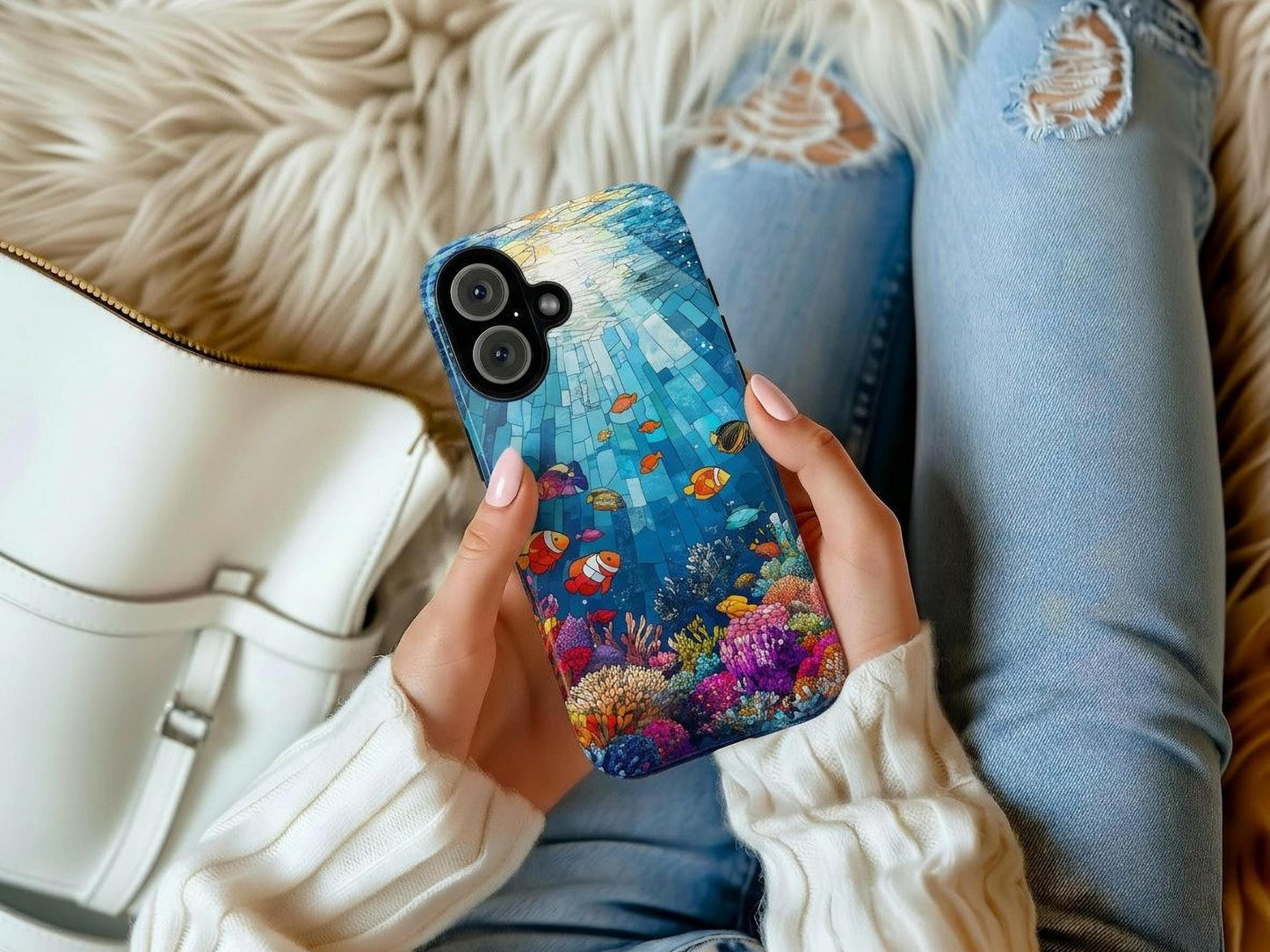 Stained Glass Ocean Phone Case, Vibrant Undersea Art Mobile Cover for iPhone Samsung Pixel, Colorful Marine Life Design, Sea Lovers Gift