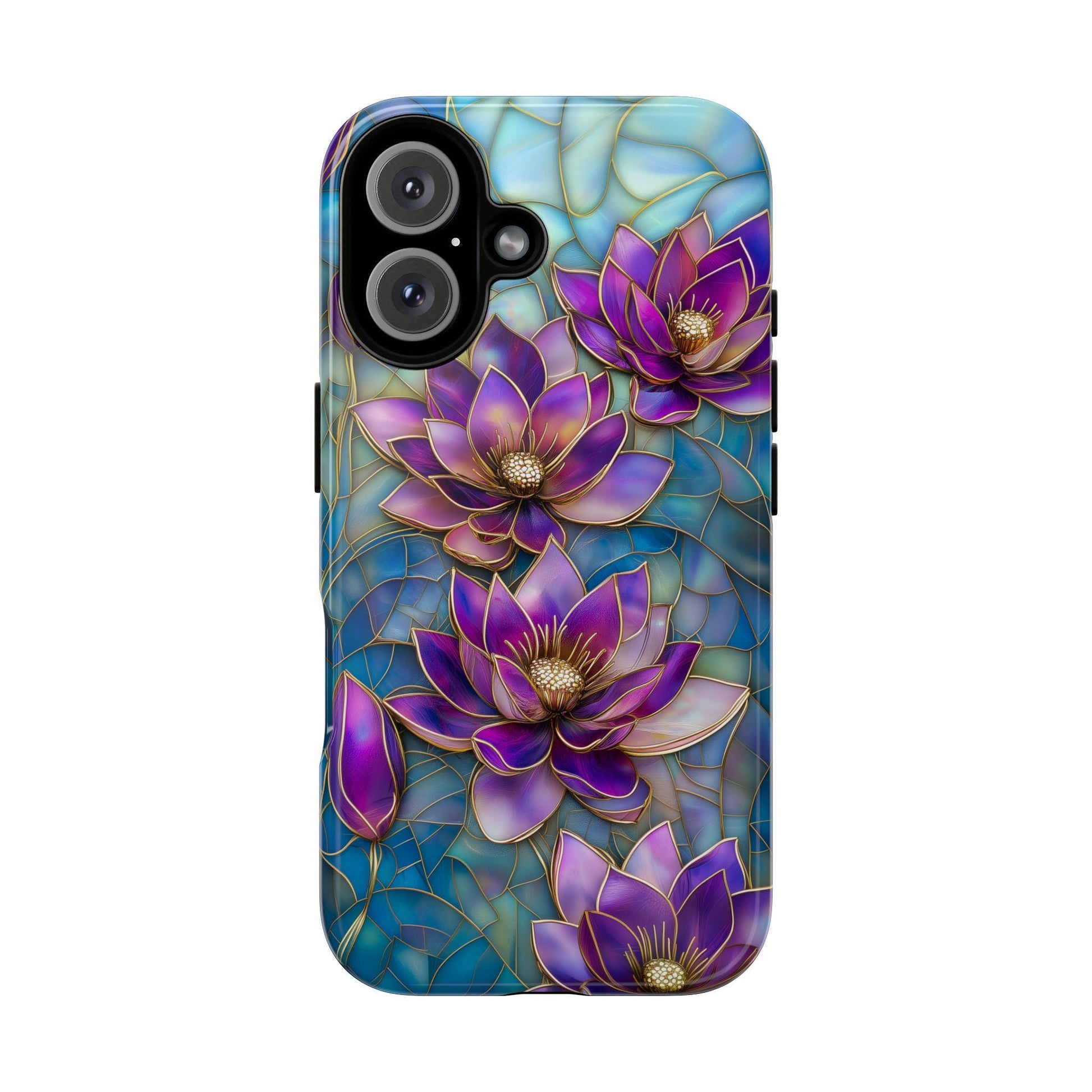 Phone case featuring stunning purple and violet lotus flowers with intricate gold-outlined petals set against a luminous mosaic stained glass background in shades of blue and teal. Multiple blooms and buds are arranged across the design with golden stamens at each center, creating a rich, jewel-toned, luxurious floral art nouveau aesthetic.