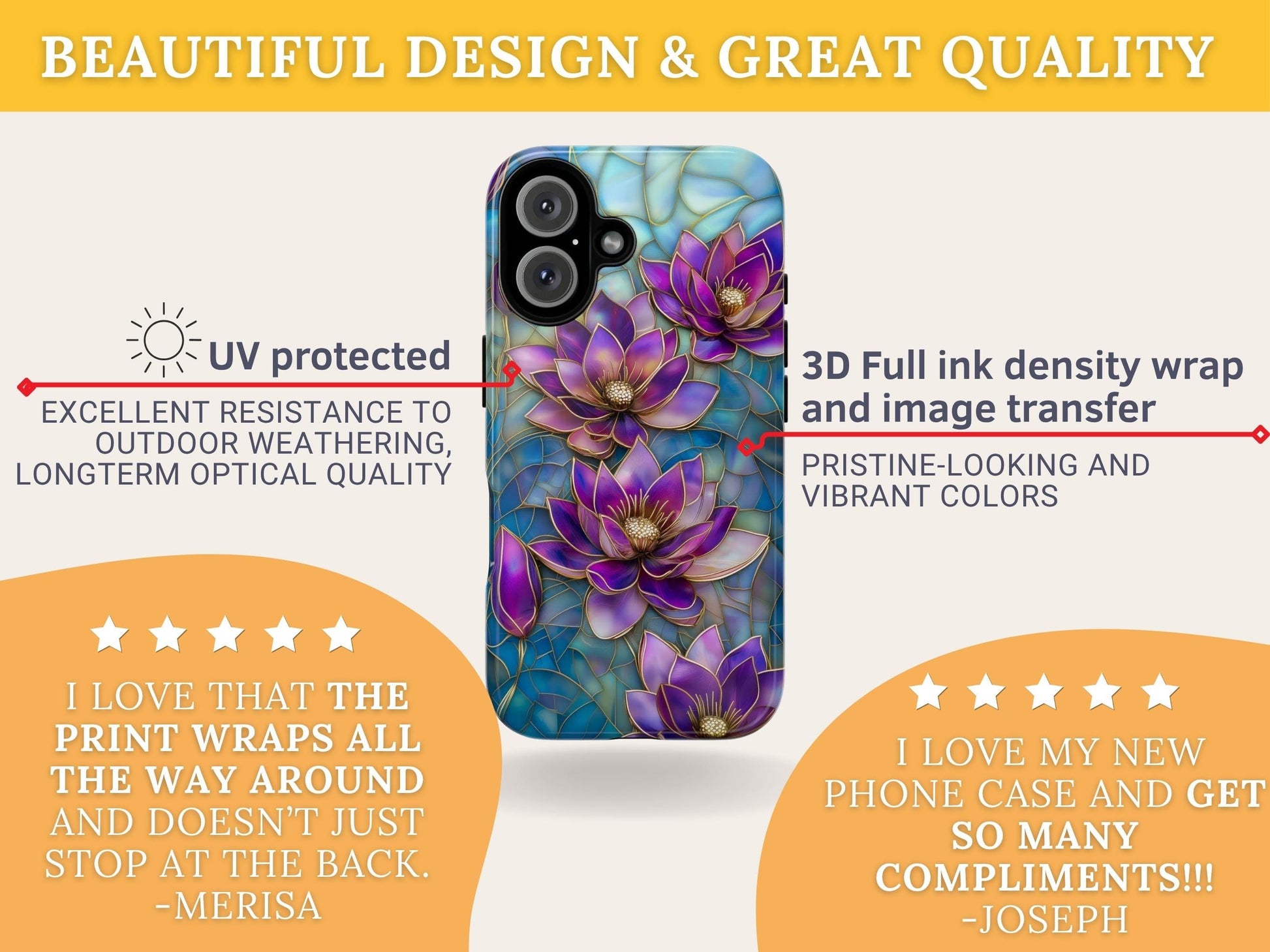 Purple Lotus Phone Case for iPhone 17, Samsung S26 & Pixel 9 Series, Stained Glass Floral Cover, Boho Aesthetic Floral Art Phone Gift