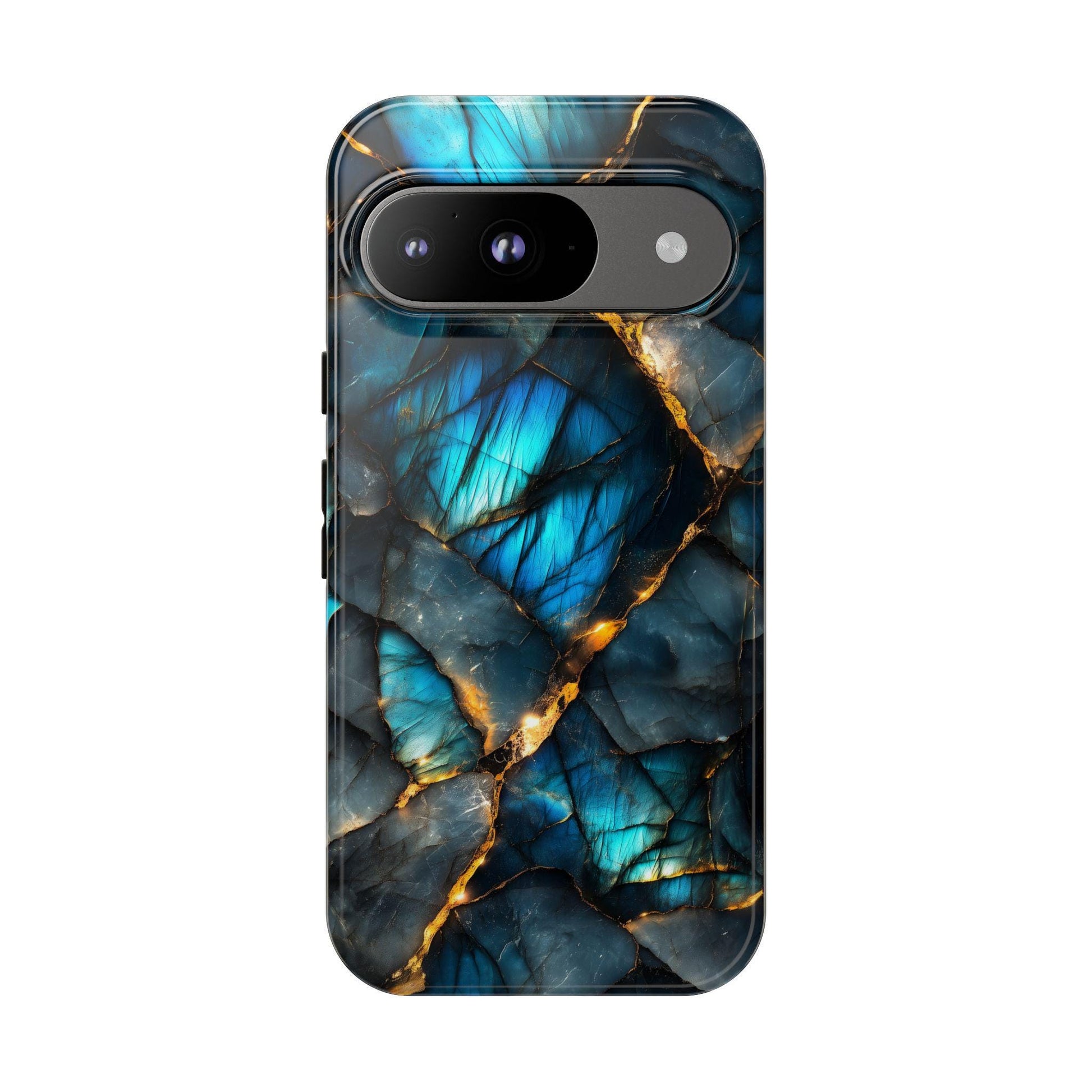 The Labradorite And Gold Phone Case by Golden Value SG features a close-up design of a textured Labradorite gemstone surface with irregular blue shades from deep navy to light turquoise, separated by thin gold veins, and boasts a polished, reflective finish.