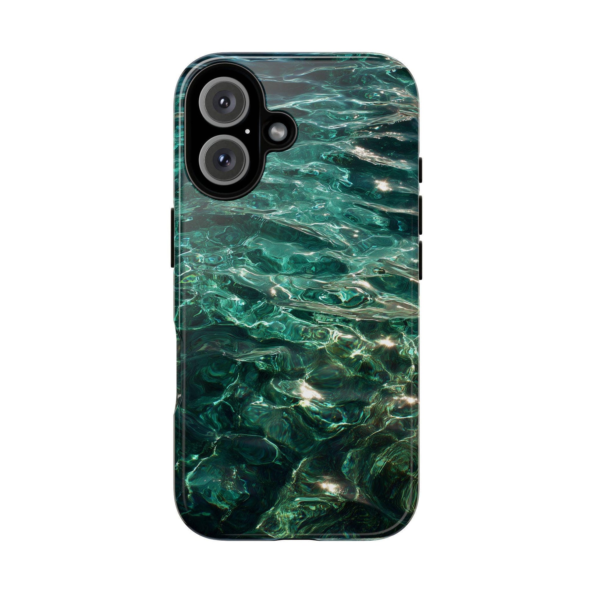 Vibrant emerald blue-green water surface with gentle ripples and shimmering sunlight reflections. The clear water reveals abstract patterns and varying depths of color, creating a tranquil and pristine natural aesthetic.