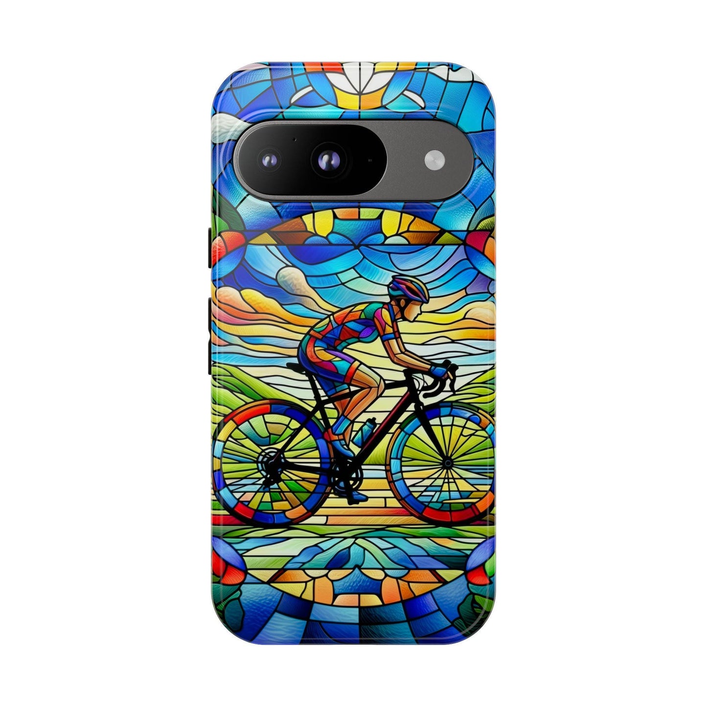 Female Cyclist Cycling Phone Case, Faux Stained Glass Cover For iPhone 16 15 14 13 Pro Samsung Pixel, Birthday Xmas Gift For Bicycle Lovers