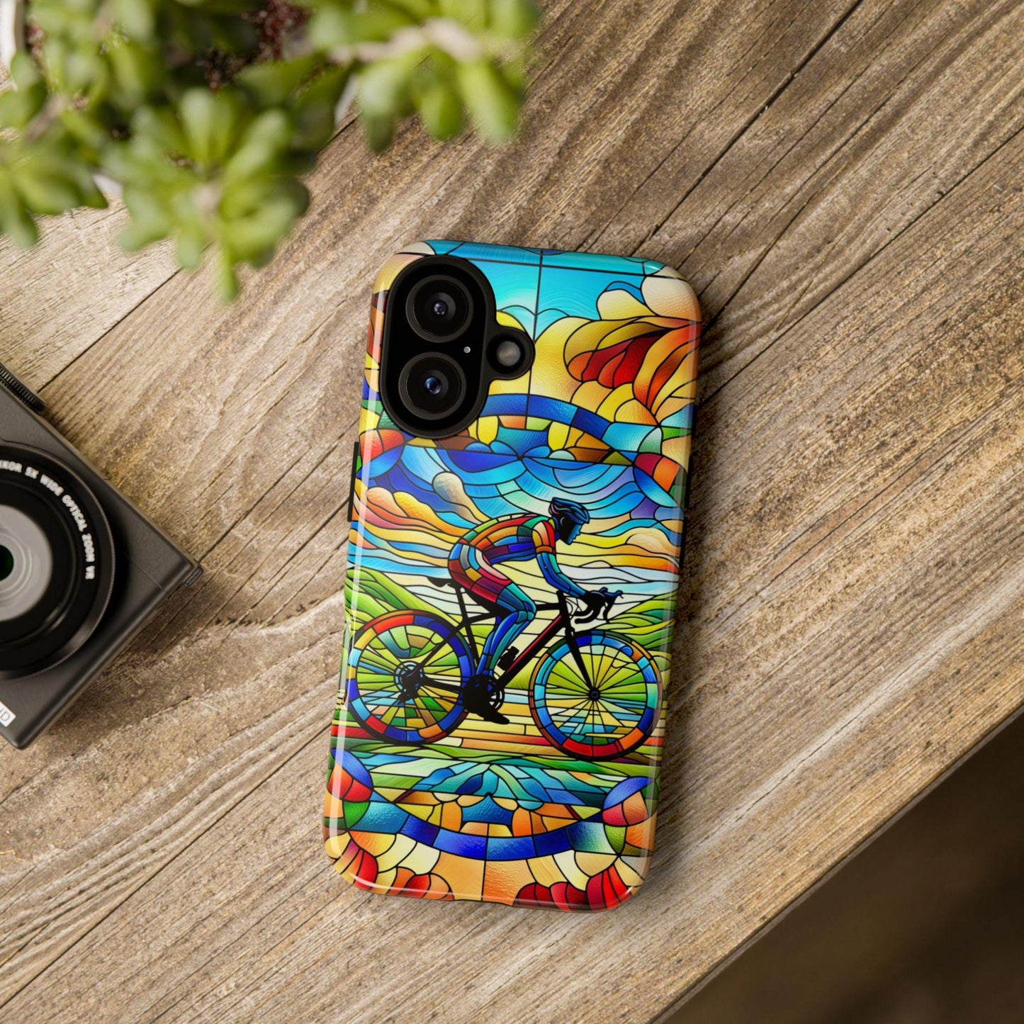 Cycling Phone Case, Faux Stained Glass Cover For iPhone 16 15 14 13 Pro Samsung Pixel Cyclist Birthday Christmas Gift For Husband Bike Lover
