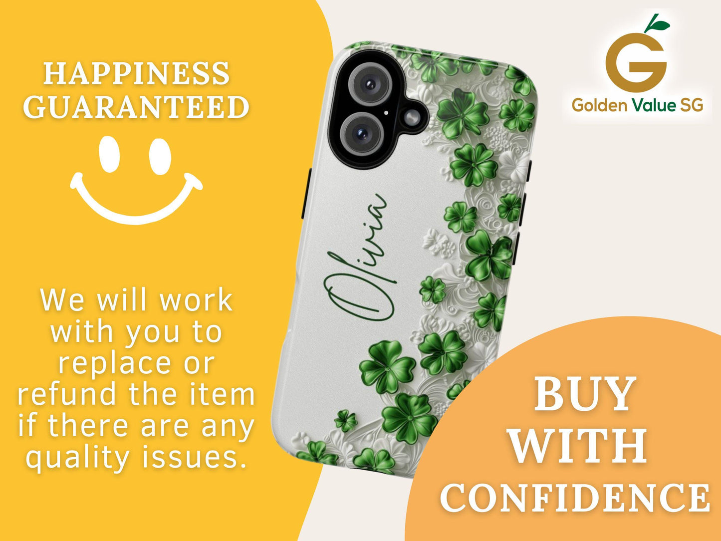 Custom Shamrock Phone Case for iPhone 17 Series Samsung Galaxy & Google Pixel, Personalized 4 Leaf Clover Phone Cover, St Patrick Day Gift