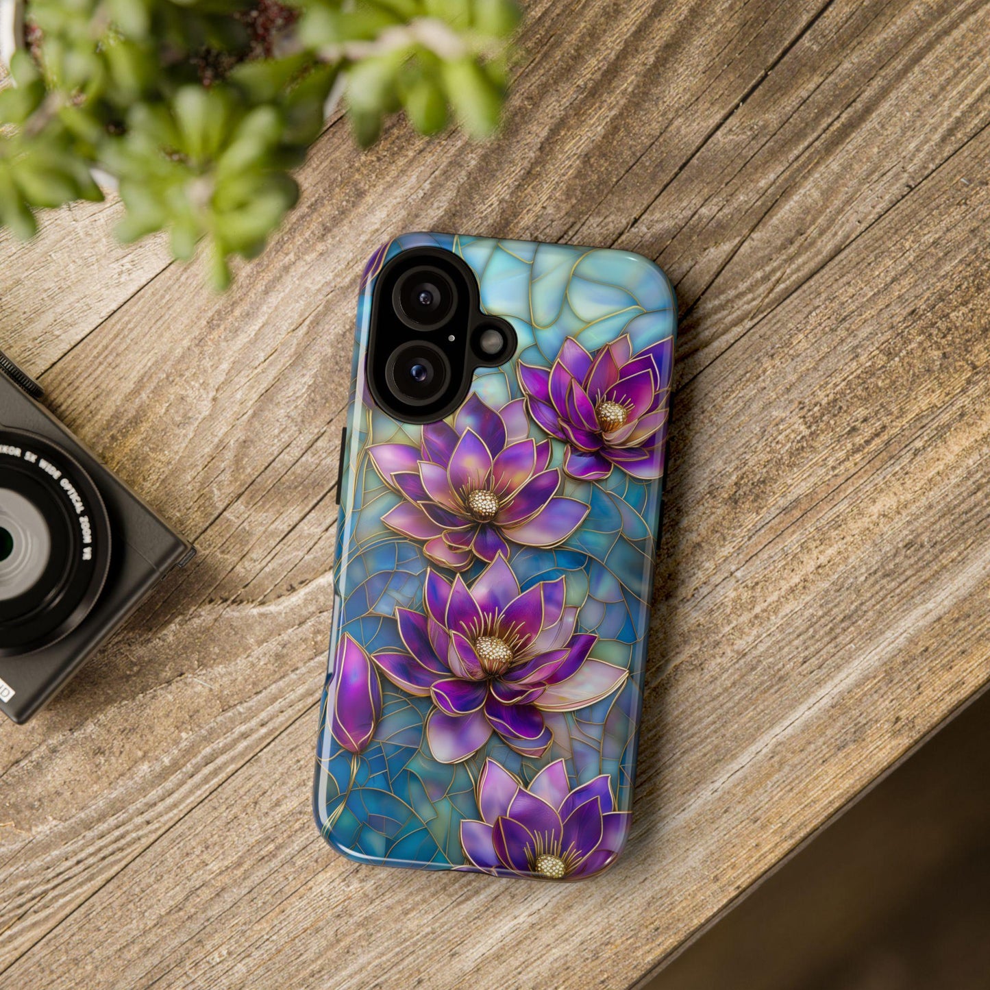 Purple Lotus Phone Case for iPhone 17, Samsung S26 & Pixel 9 Series, Stained Glass Floral Cover, Boho Aesthetic Floral Art Phone Gift