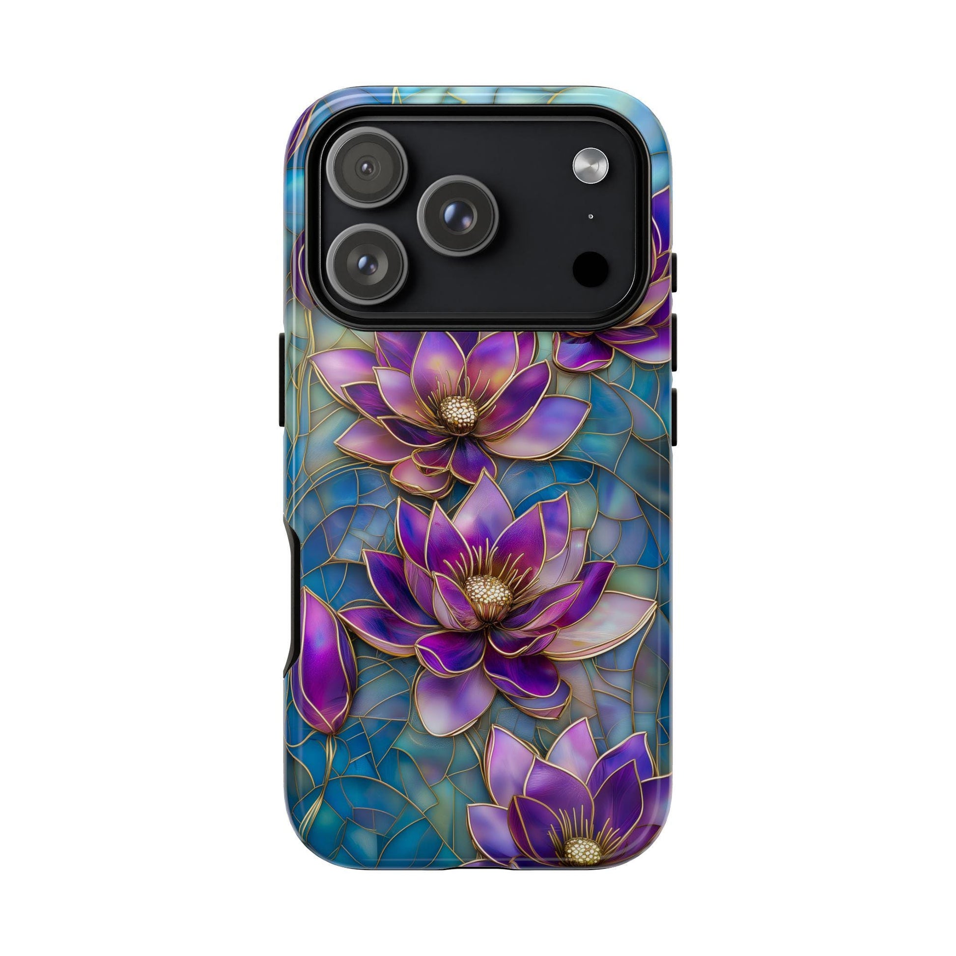 Purple Lotus Phone Case for iPhone 17, Samsung S26 & Pixel 9 Series, Stained Glass Floral Cover, Boho Aesthetic Floral Art Phone Gift