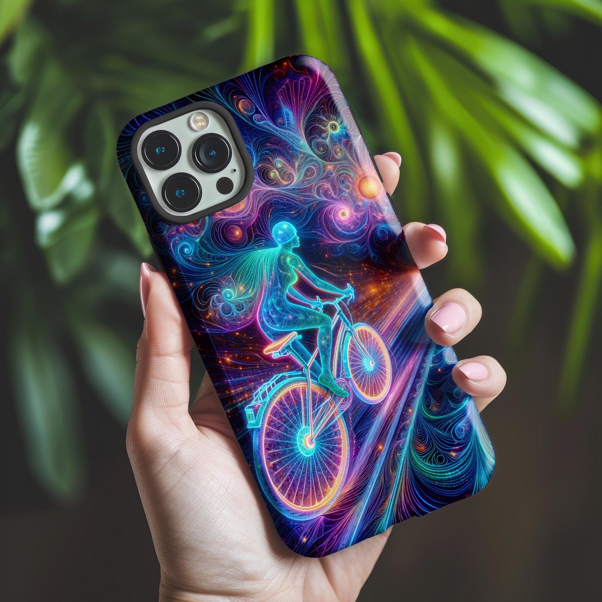 Golden Value SG's Female Cyclist Cycling Phone Case showcases a vibrant, neon-like design featuring a cyclist against a cosmic background with swirling patterns.