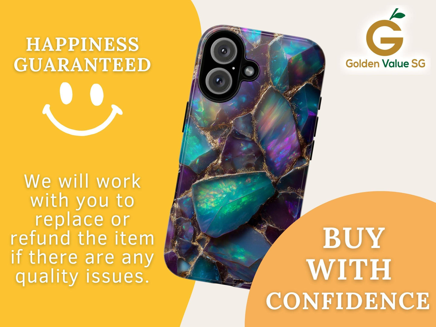 Iridescent Opal Phone Case for iPhone Samsung Pixel | Gold Mosaic Gemstone Design