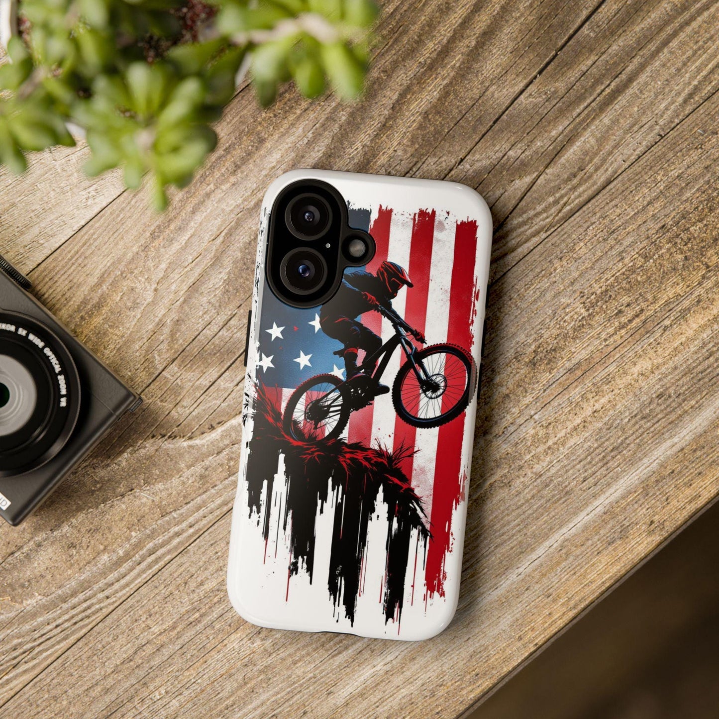 Mountain Biker Phone Case for iPhone, Samsung & Pixel, Patriotic MTB Cover, American Flag Bike Case, Dirt Bike Gift, Cycling Phone Case