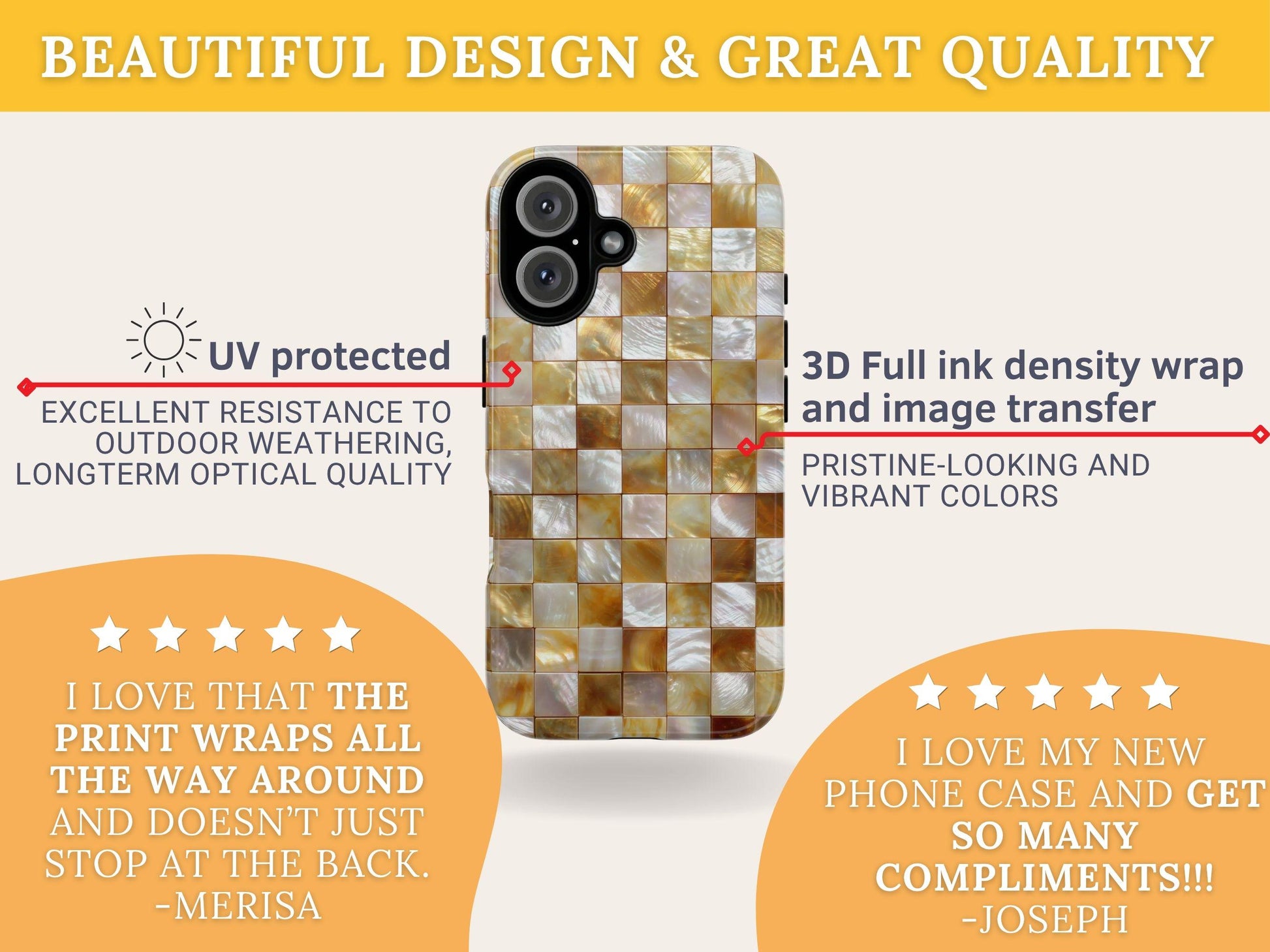 Gold Mosaic Luxury Phone Case for iPhone 17, Samsung S26 & Pixel 9, Iridescent Pearl Tile Design, Aesthetic Glamorous Gift, Elegant Cover
