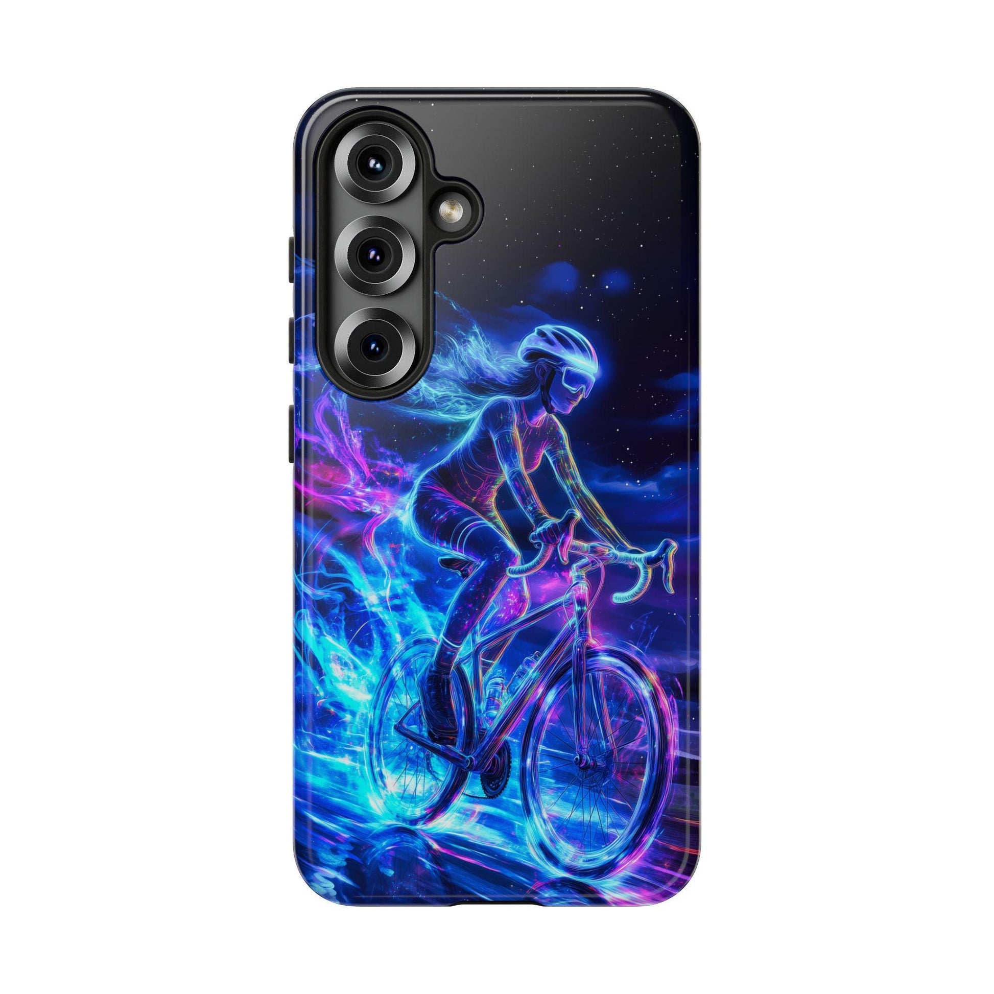 Woman Cyclist Phone Case for iPhone 17 Samsung S26 & Pixel 9 Glowing Neon Art Phone Cover Female Cyclist Triathlete Gift for Bicycle Lover