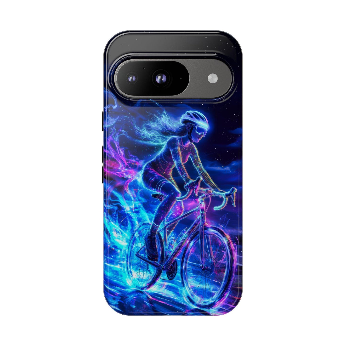 Woman Cyclist Phone Case for iPhone 17 Samsung S26 & Pixel 9 Glowing Neon Art Phone Cover Female Cyclist Triathlete Gift for Bicycle Lover