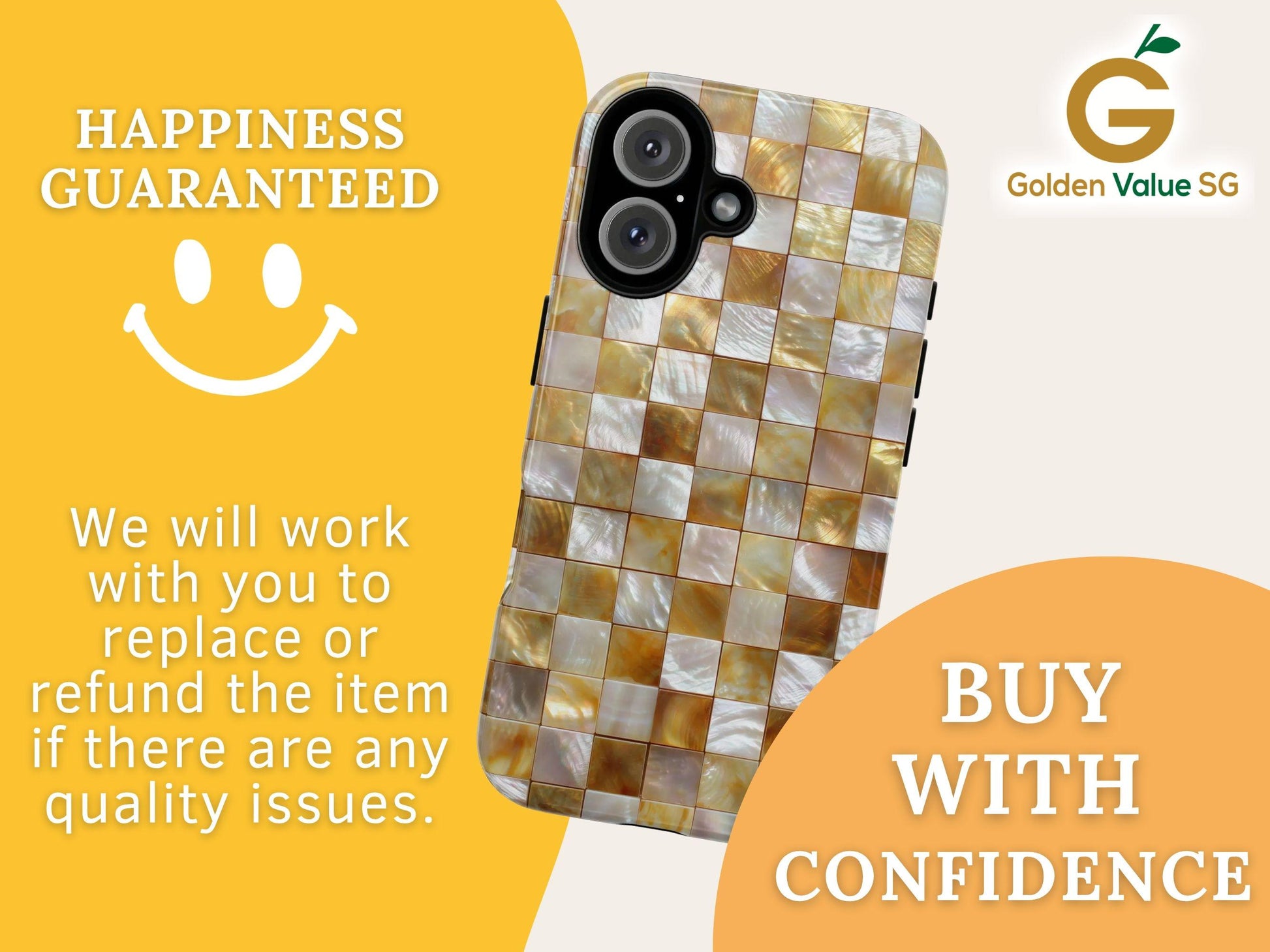 Gold Mosaic Luxury Phone Case for iPhone 17, Samsung S26 & Pixel 9, Iridescent Pearl Tile Design, Aesthetic Glamorous Gift, Elegant Cover