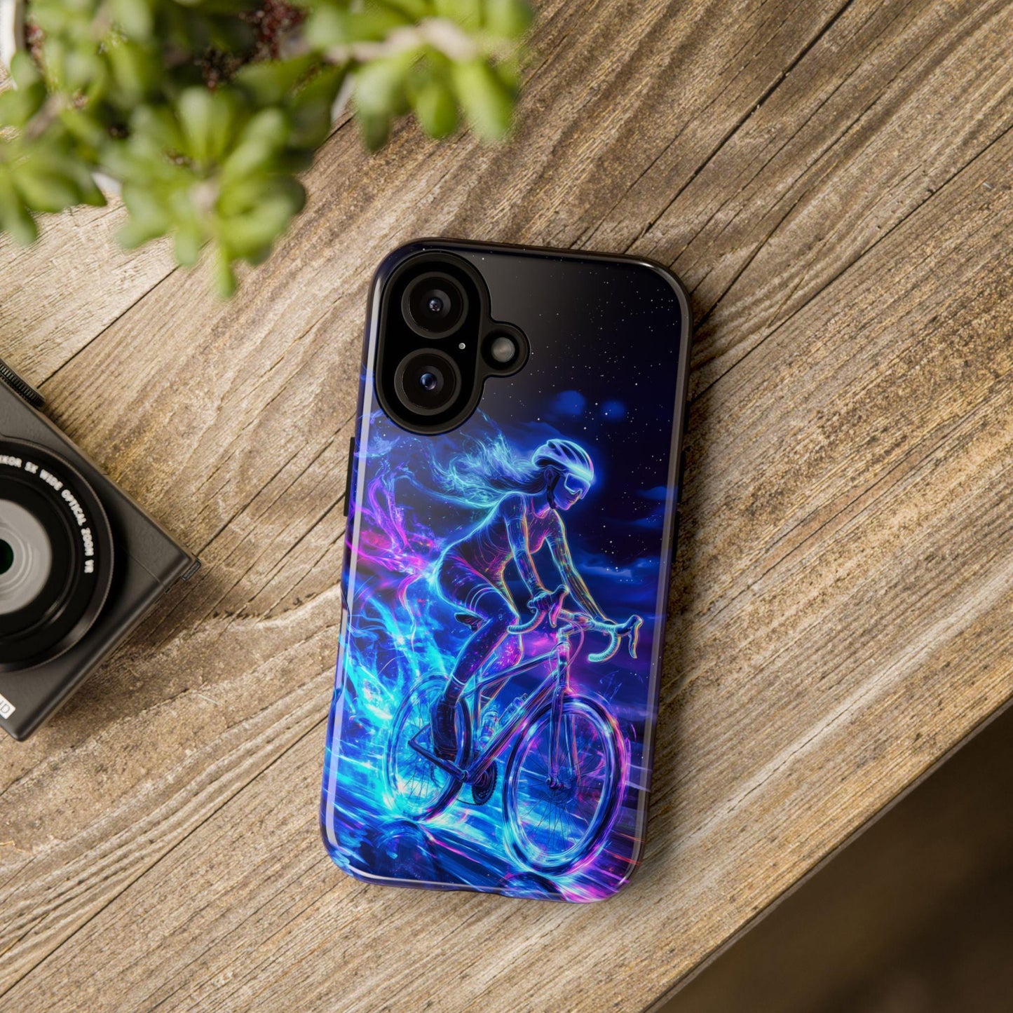 Woman Cyclist Phone Case for iPhone 17 Samsung S26 & Pixel 9 Glowing Neon Art Phone Cover Female Cyclist Triathlete Gift for Bicycle Lover