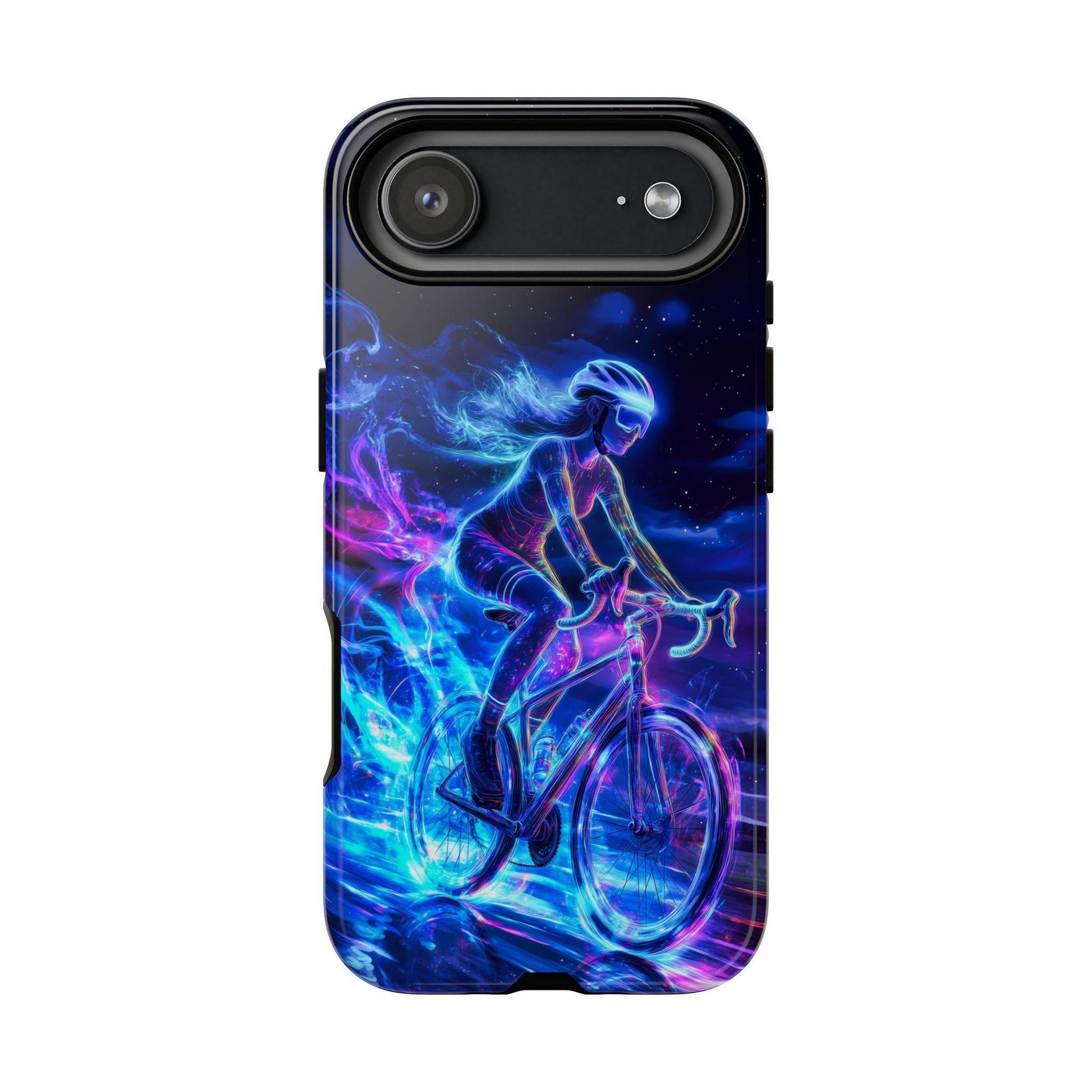 Woman Cyclist Phone Case for iPhone 17 Samsung S26 & Pixel 9 Glowing Neon Art Phone Cover Female Cyclist Triathlete Gift for Bicycle Lover