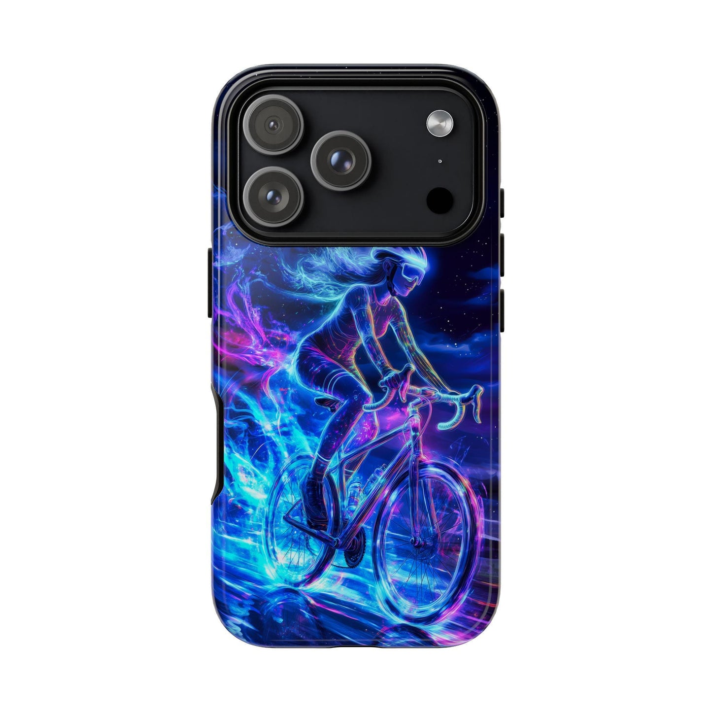 Woman Cyclist Phone Case for iPhone 17 Samsung S26 & Pixel 9 Glowing Neon Art Phone Cover Female Cyclist Triathlete Gift for Bicycle Lover