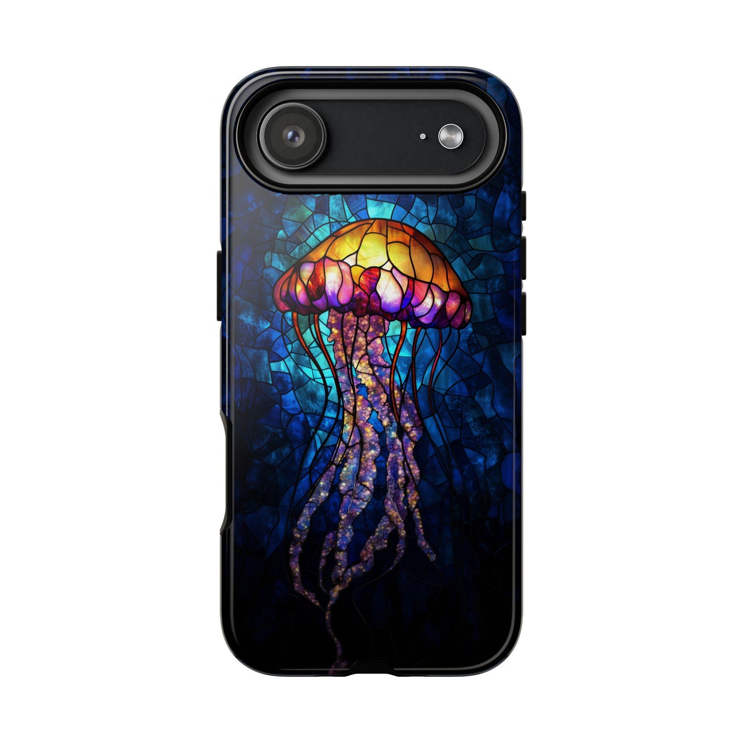 A stunning faux stained glass phone case design featuring a luminous jellyfish. The jellyfish glows with vibrant shades of yellow, orange, pink, and purple against a deep, dark blue oceanic background. The intricate mosaic patterns and black outlines mimic real stained glass art, creating a beautiful bioluminescent underwater aesthetic. Perfect for marine life lovers seeking a unique and colorful ocean-themed mobile accessory.