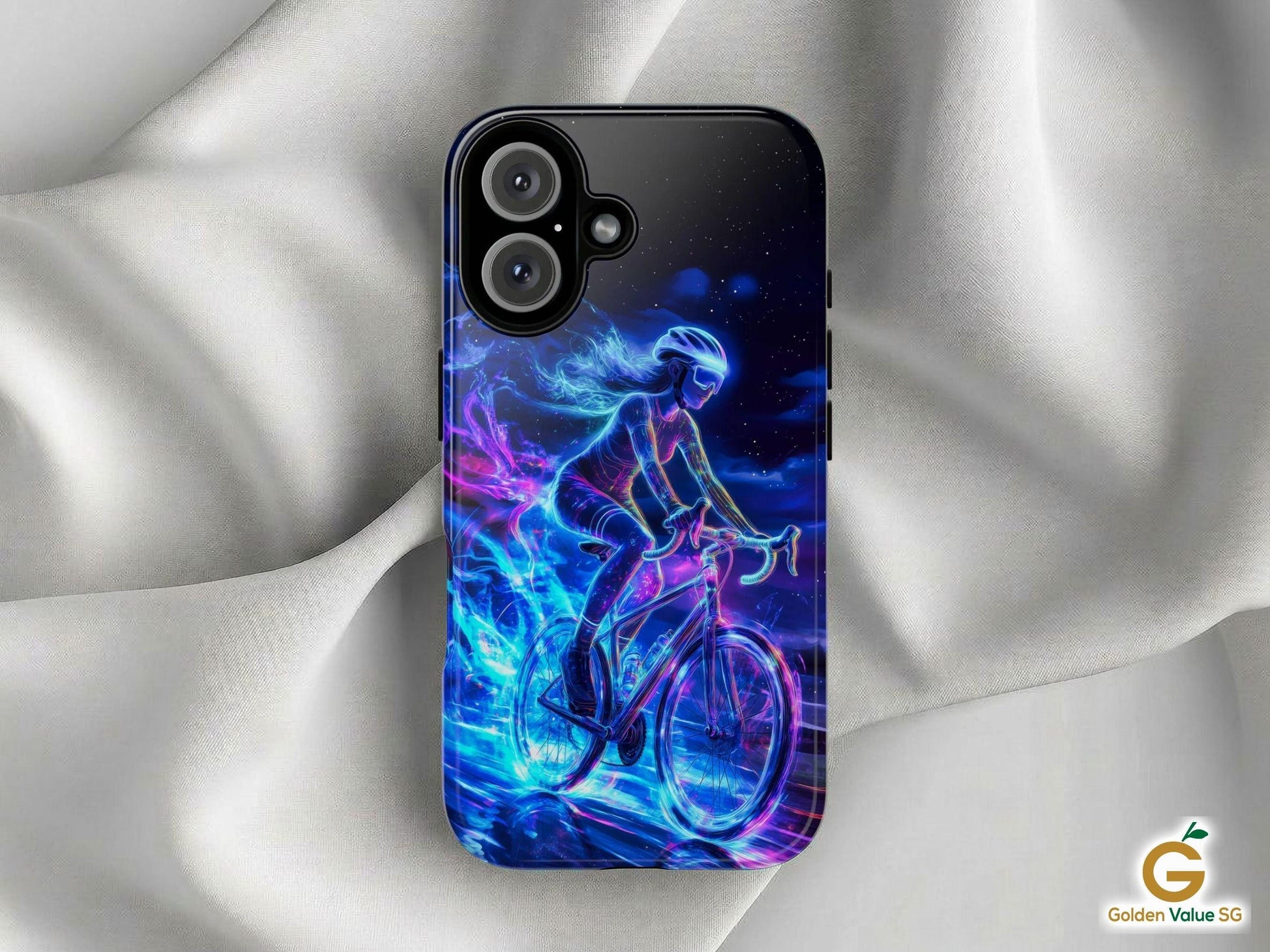 Vibrant neon Woman Cyclist Phone Case by Golden Value SG featuring a female cyclist riding a road bike. The artwork is composed of glowing blue, pink, and purple energetic lines against a dark cosmic starry night background. The cyclist's hair and the bike's wheels leave a brilliant trail of fluid energy, creating a dynamic sense of speed and forward motion through space. Shown resting on silver satin fabric.