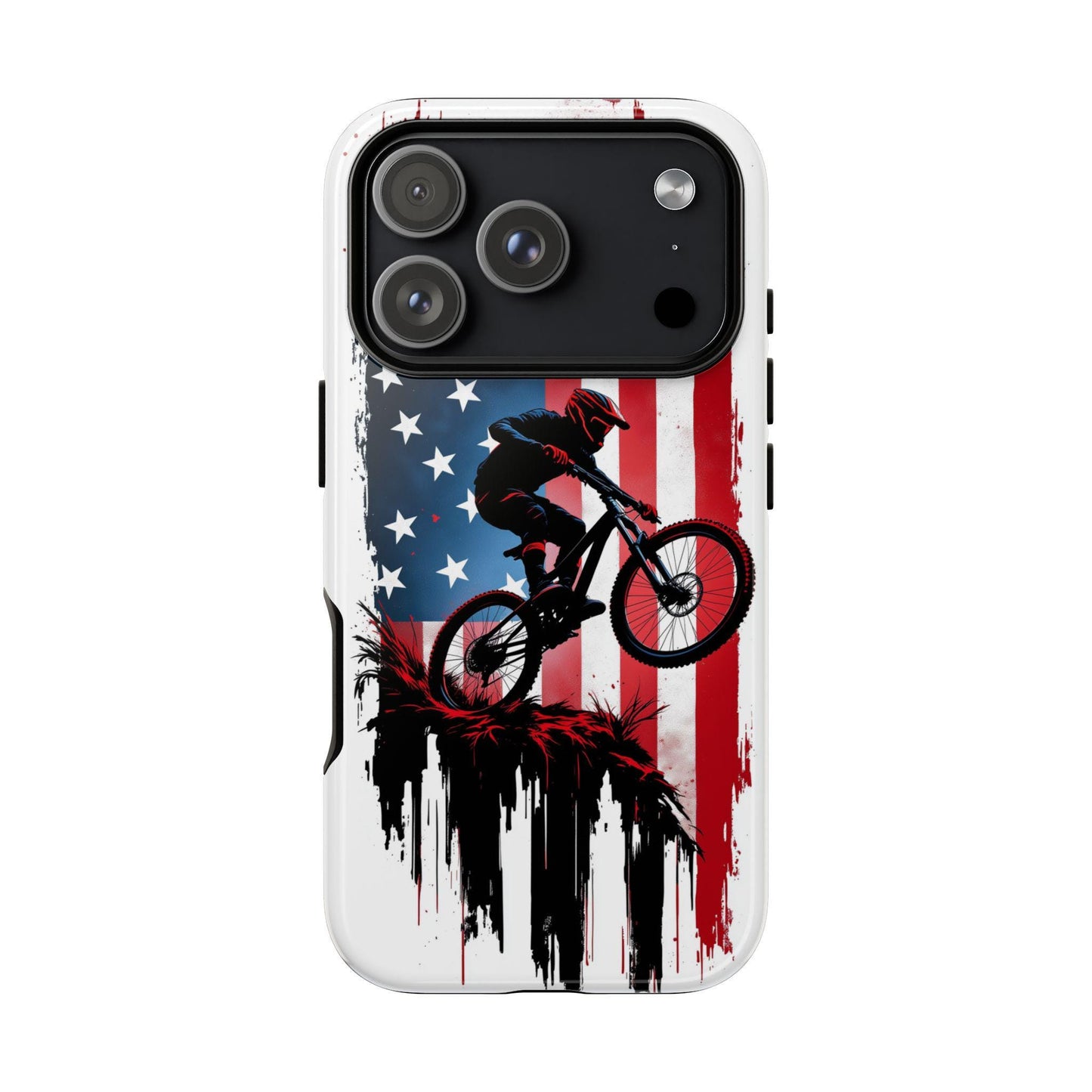 Mountain Biker Phone Case for iPhone, Samsung & Pixel, Patriotic MTB Cover, American Flag Bike Case, Dirt Bike Gift, Cycling Phone Case