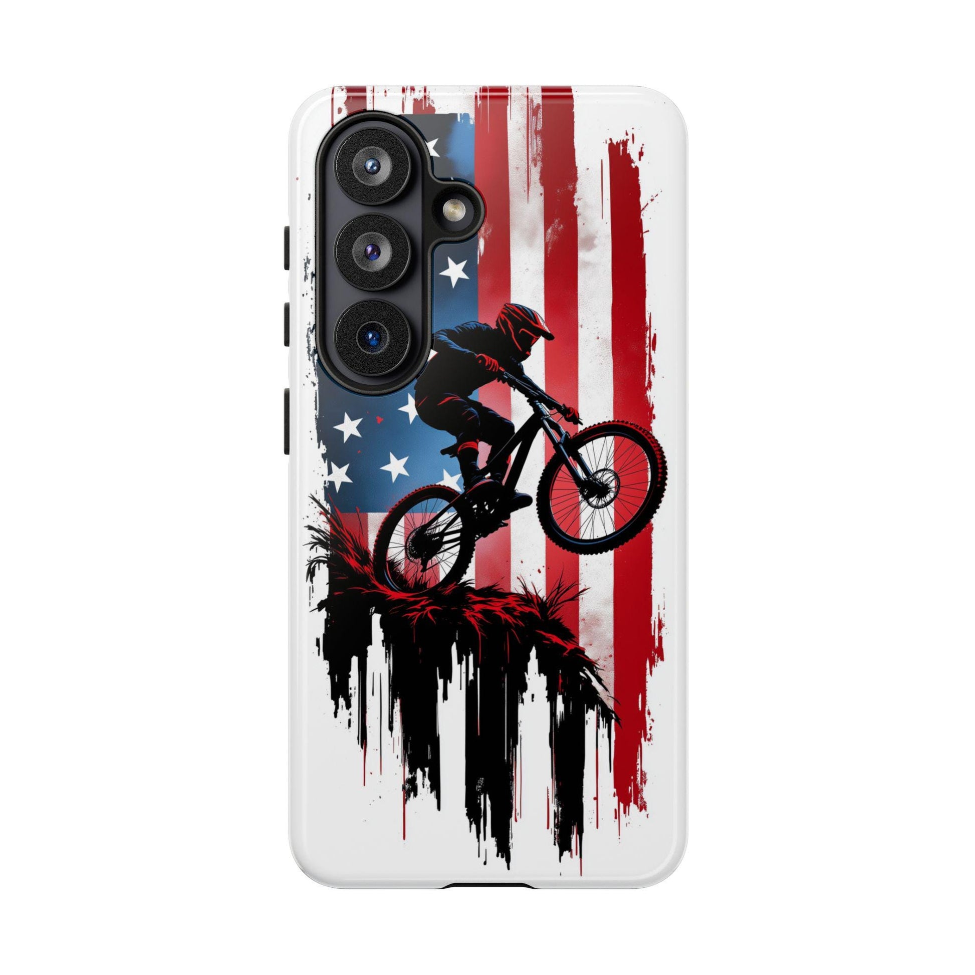 Mountain Biker Phone Case for iPhone, Samsung & Pixel, Patriotic MTB Cover, American Flag Bike Case, Dirt Bike Gift, Cycling Phone Case