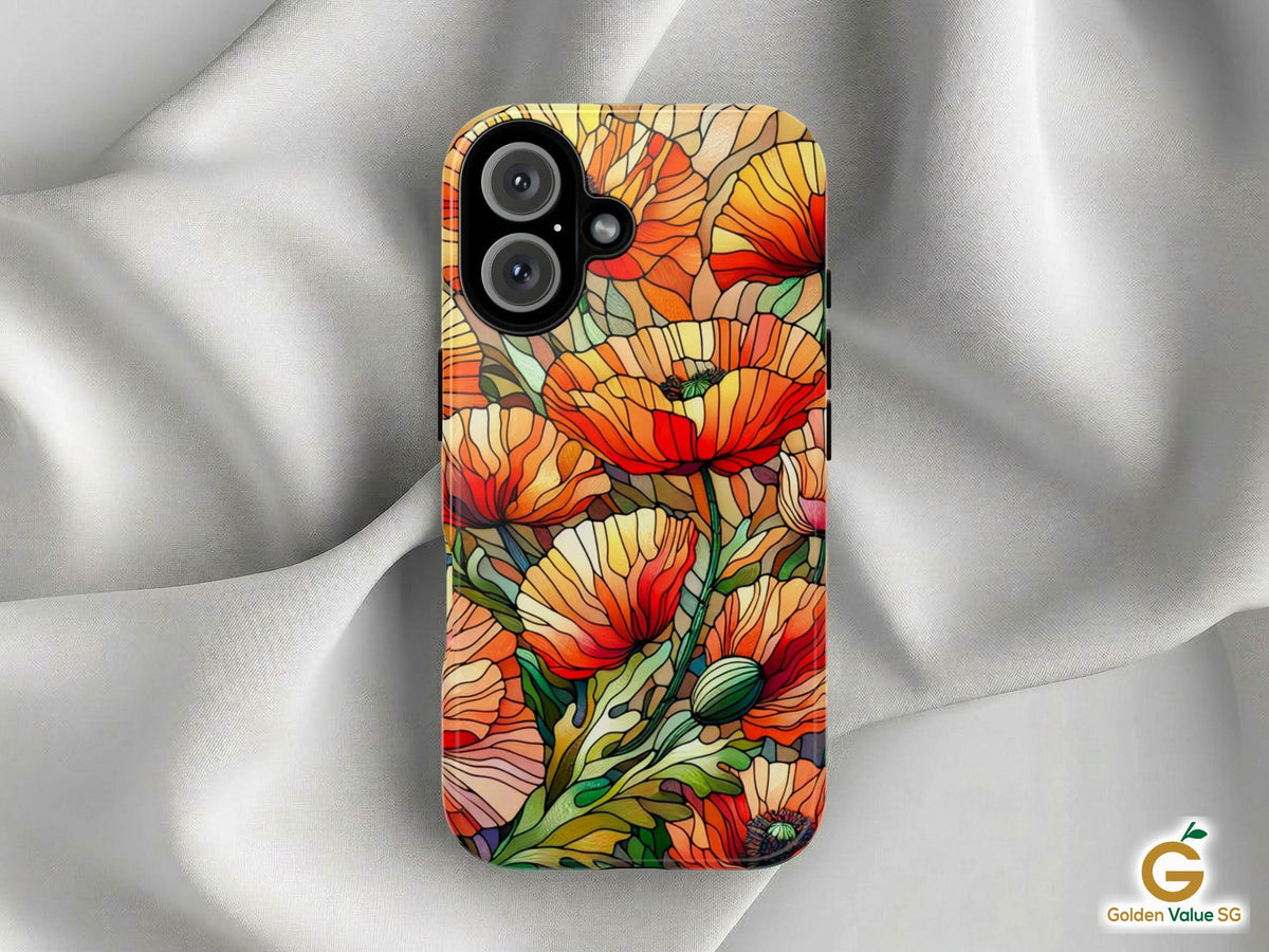 The August Birth Flower Poppy Phone Case by Golden Value SG features illustrated orange and red poppies with green stems on a white background, with the brand’s logo in the lower right corner.