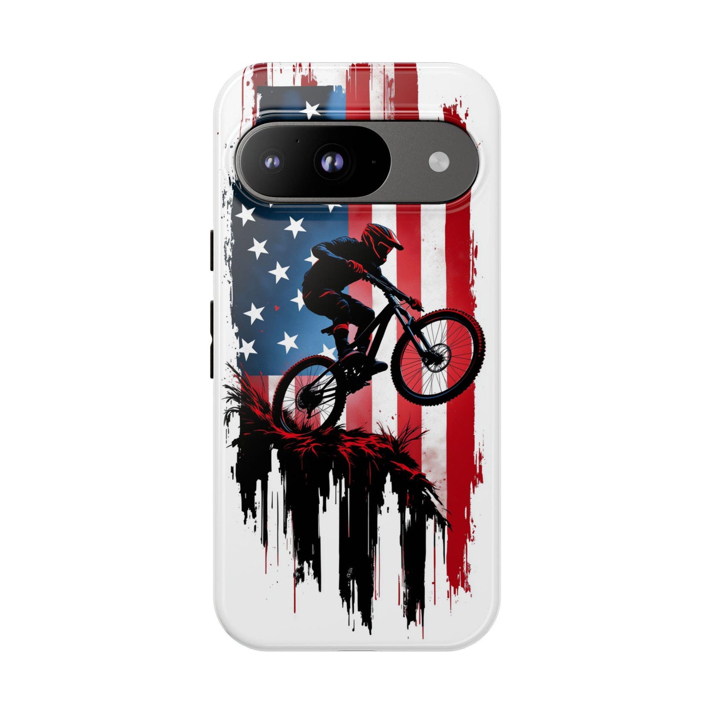 Mountain Biker Phone Case for iPhone, Samsung & Pixel, Patriotic MTB Cover, American Flag Bike Case, Dirt Bike Gift, Cycling Phone Case
