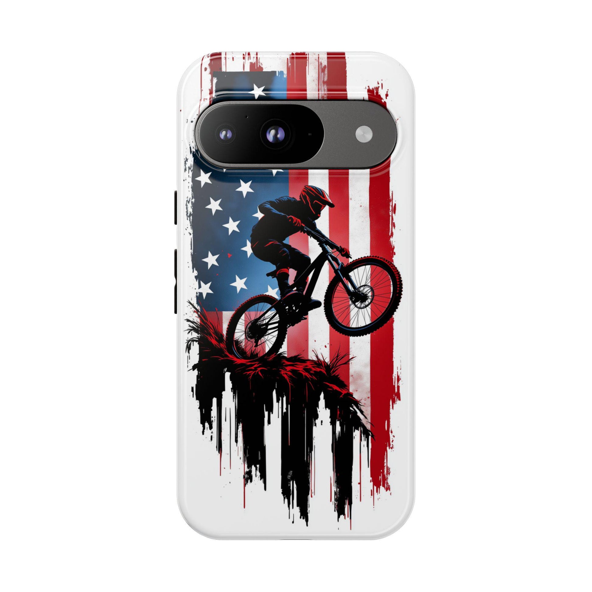 Mountain Biker Phone Case for iPhone, Samsung & Pixel, Patriotic MTB Cover, American Flag Bike Case, Dirt Bike Gift, Cycling Phone Case