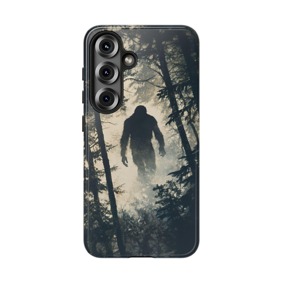 A phone case features a detailed dark print of a Bigfoot silhouette walking through a foggy pine forest against a plain white background.