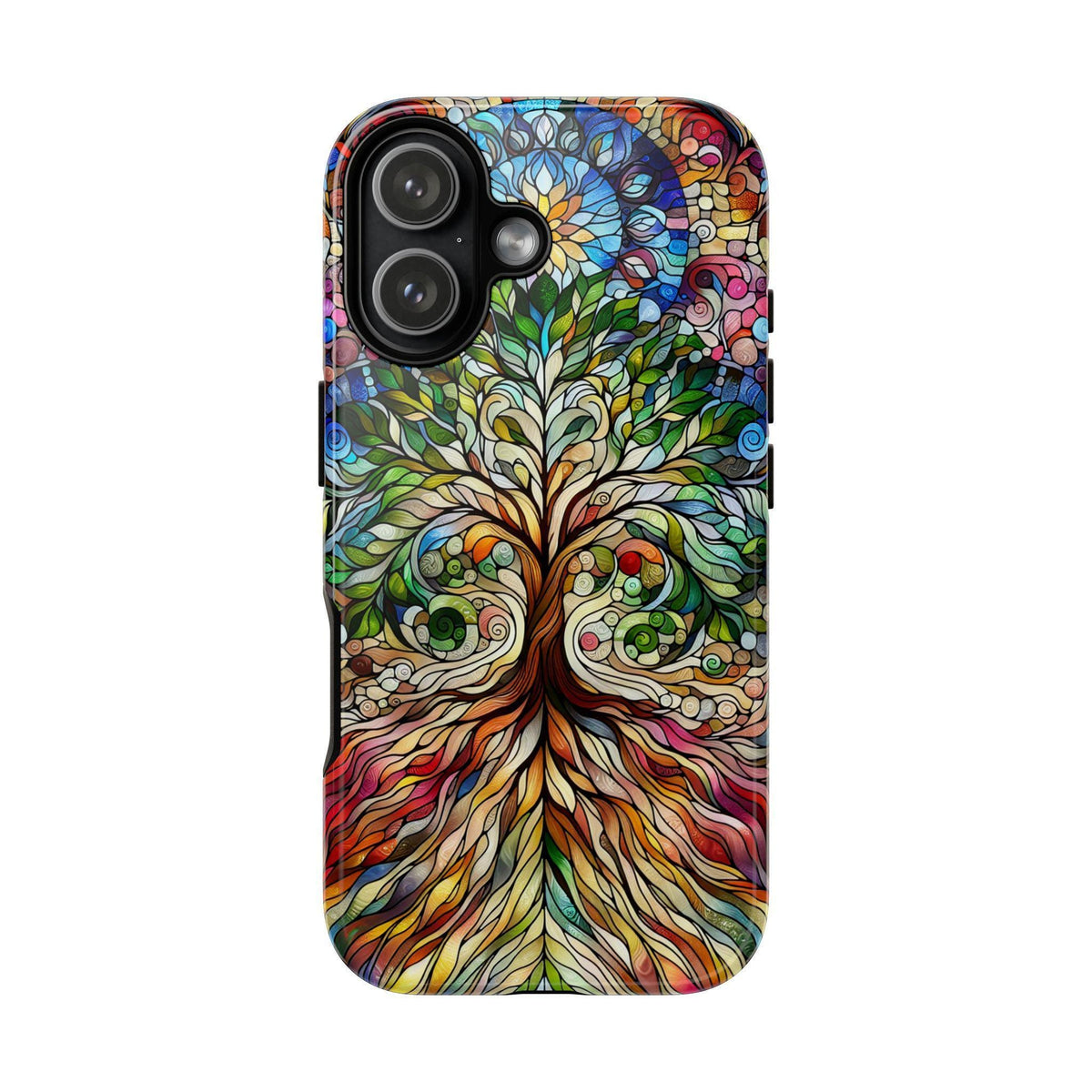 A standalone phone case features a vibrant stained-glass style illustration of a large tree with colorful foliage and exposed roots against a white background.