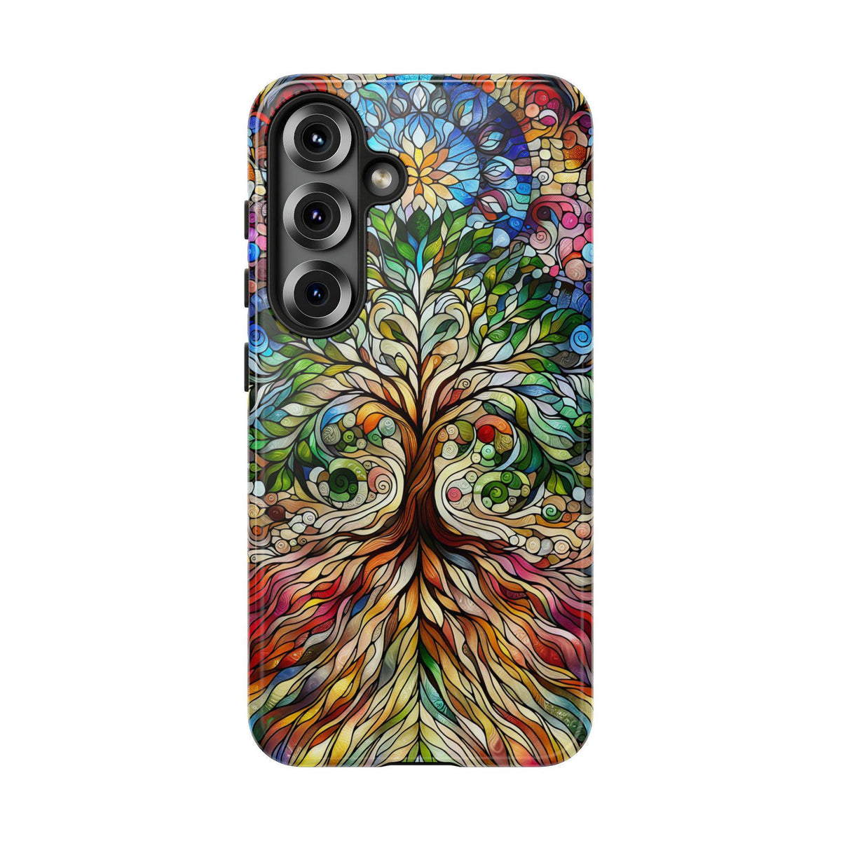 Back view of a phone case with a vertical triple-camera cutout on a stained-glass tree graphic.