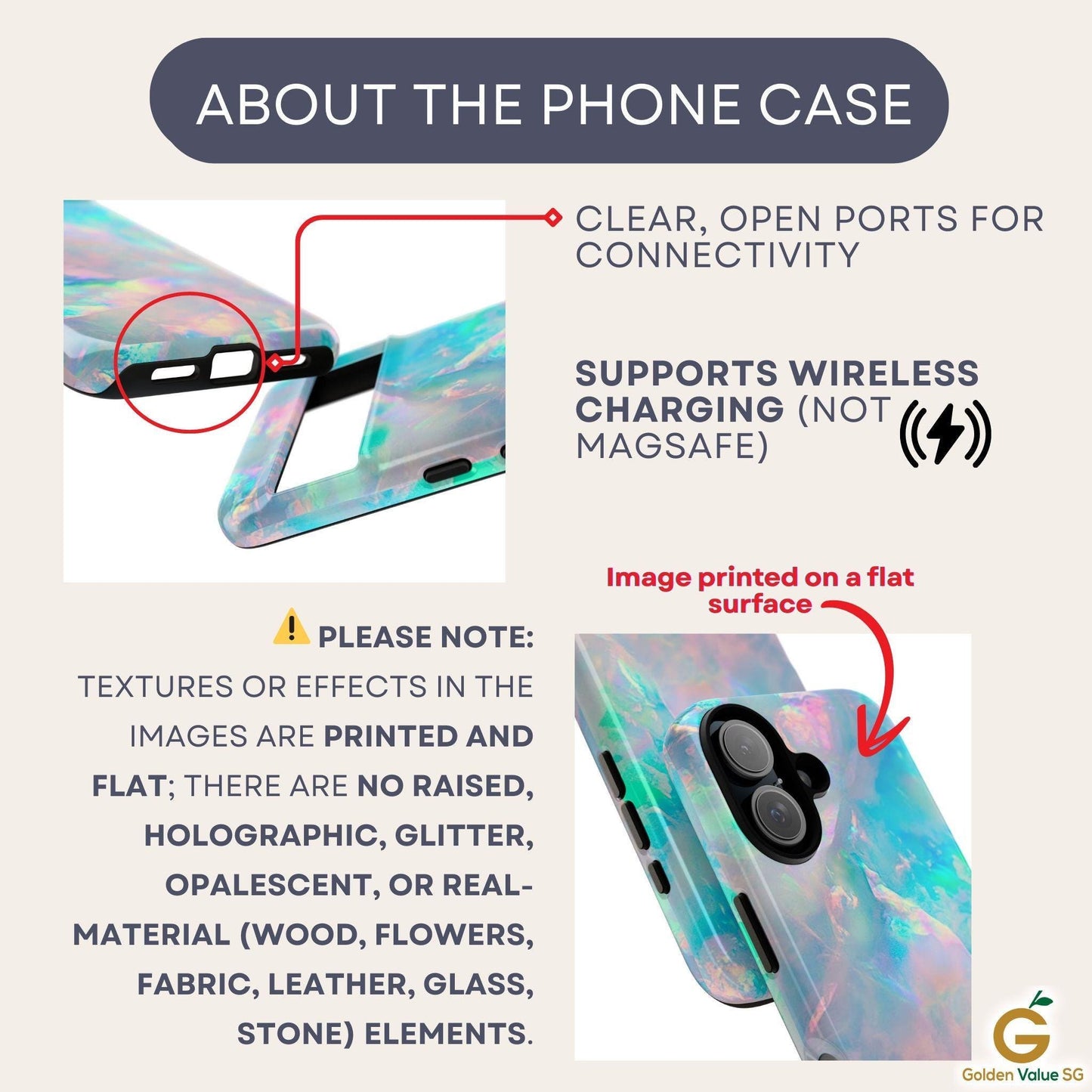 An informational graphic explains that the phone case features flat printed graphics rather than raised textures, and supports wireless charging.