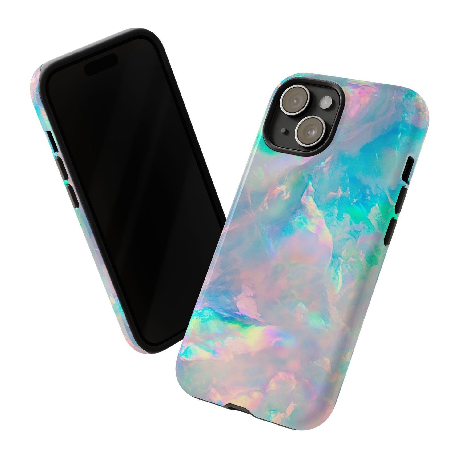 Two views of a pastel iridescent phone case are shown, one displaying the black screen front and the other showing the camera cutout on the back.