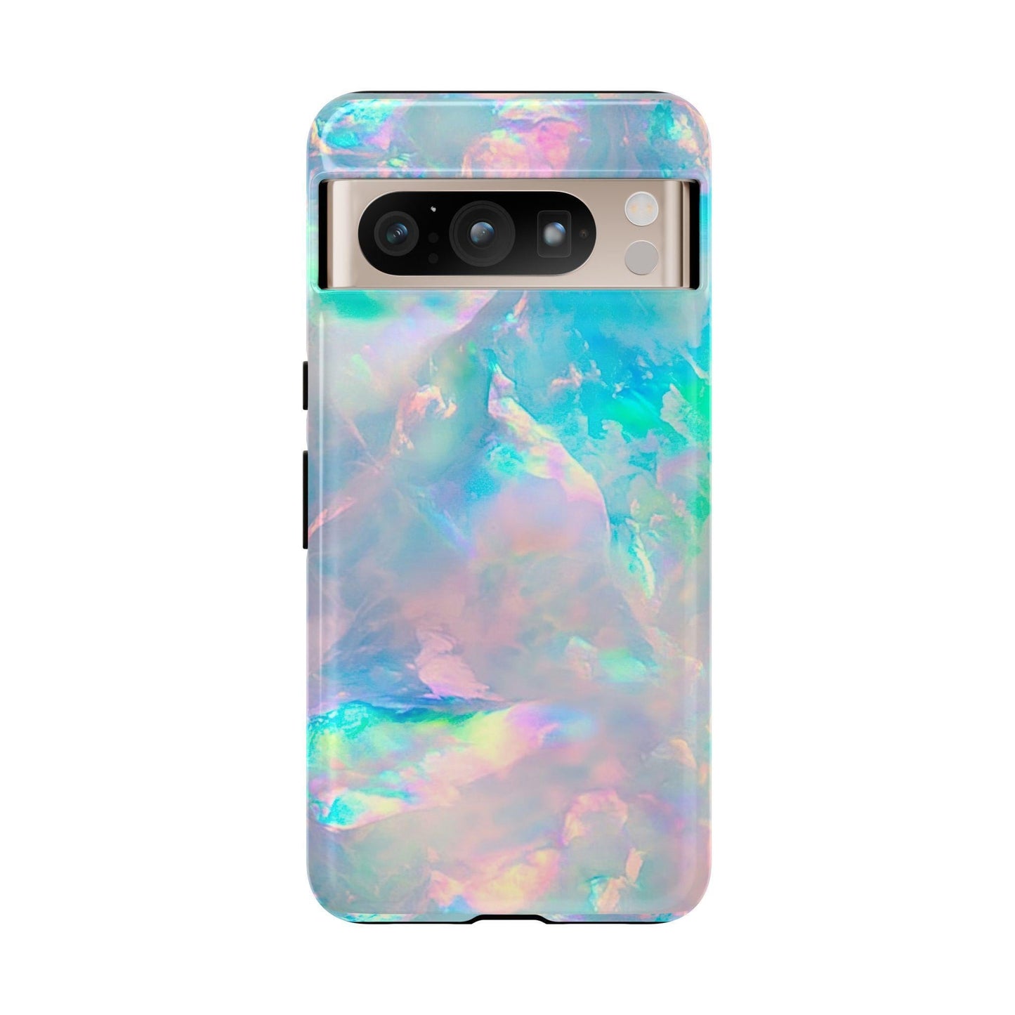 A phone case with a shimmering pastel opal design and a horizontal camera bar cutout across the upper back.