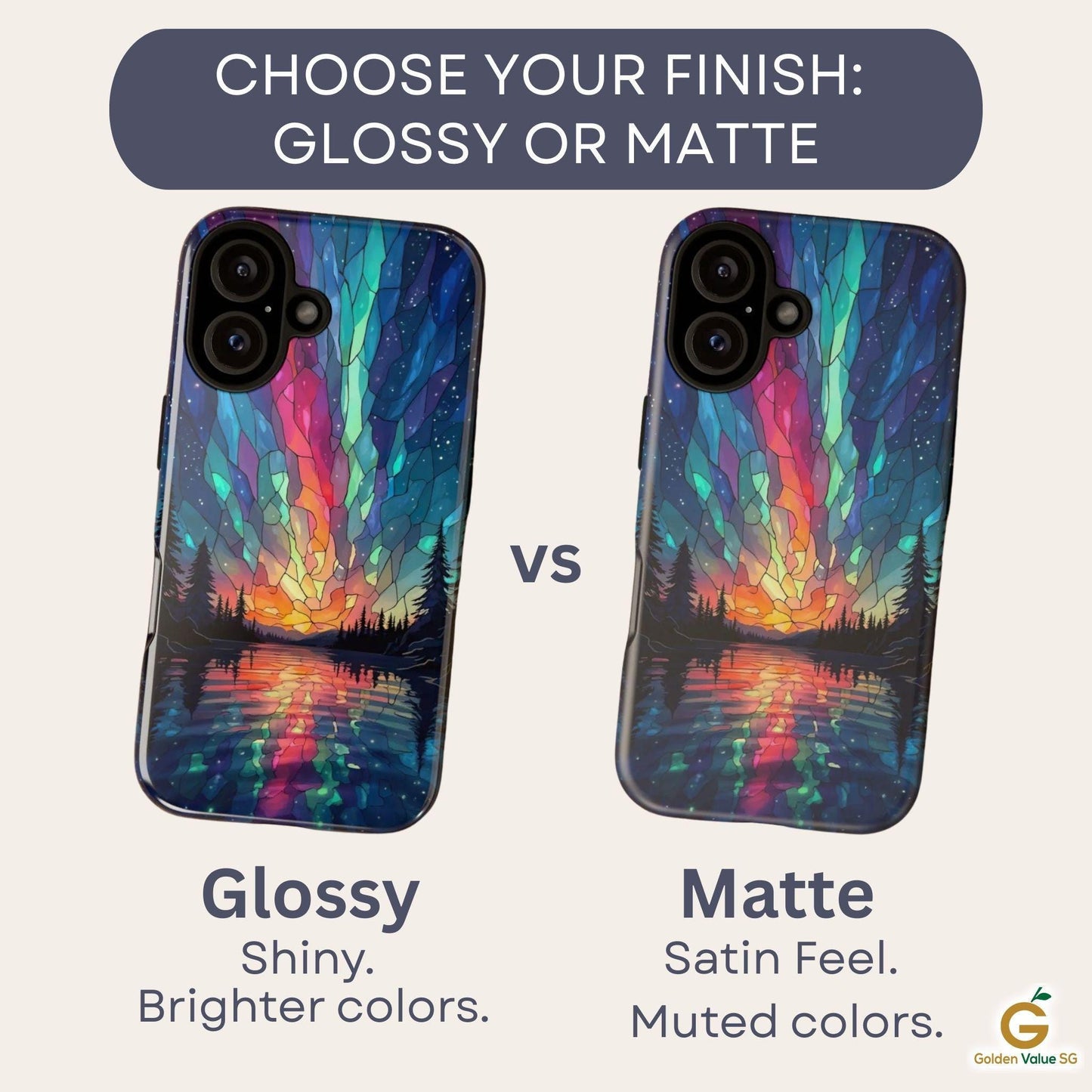 An informational graphic compares glossy and matte finishes for the northern lights phone case.