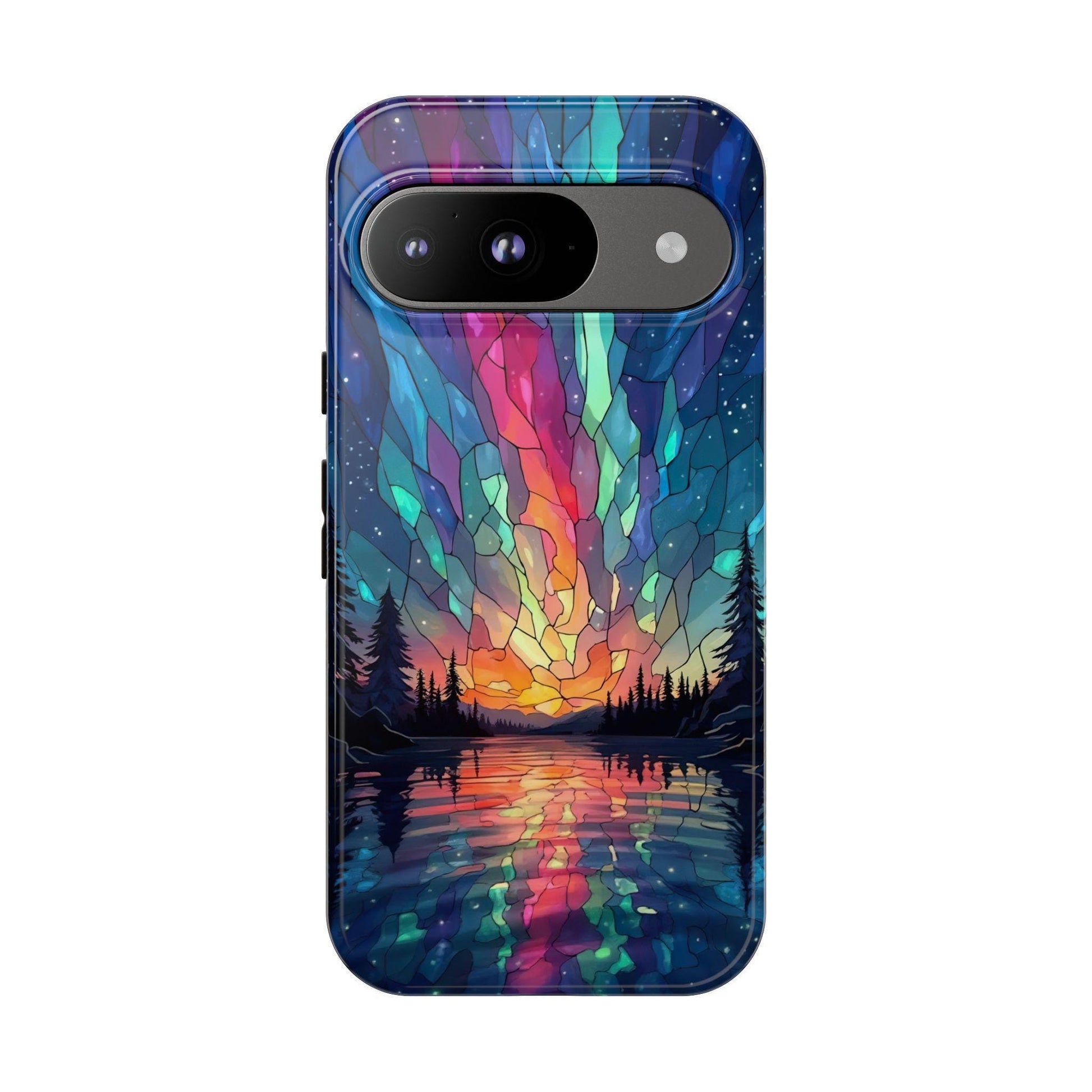 A phone case features a colorful stained glass northern lights design with silhouettes of trees and a reflection on water.