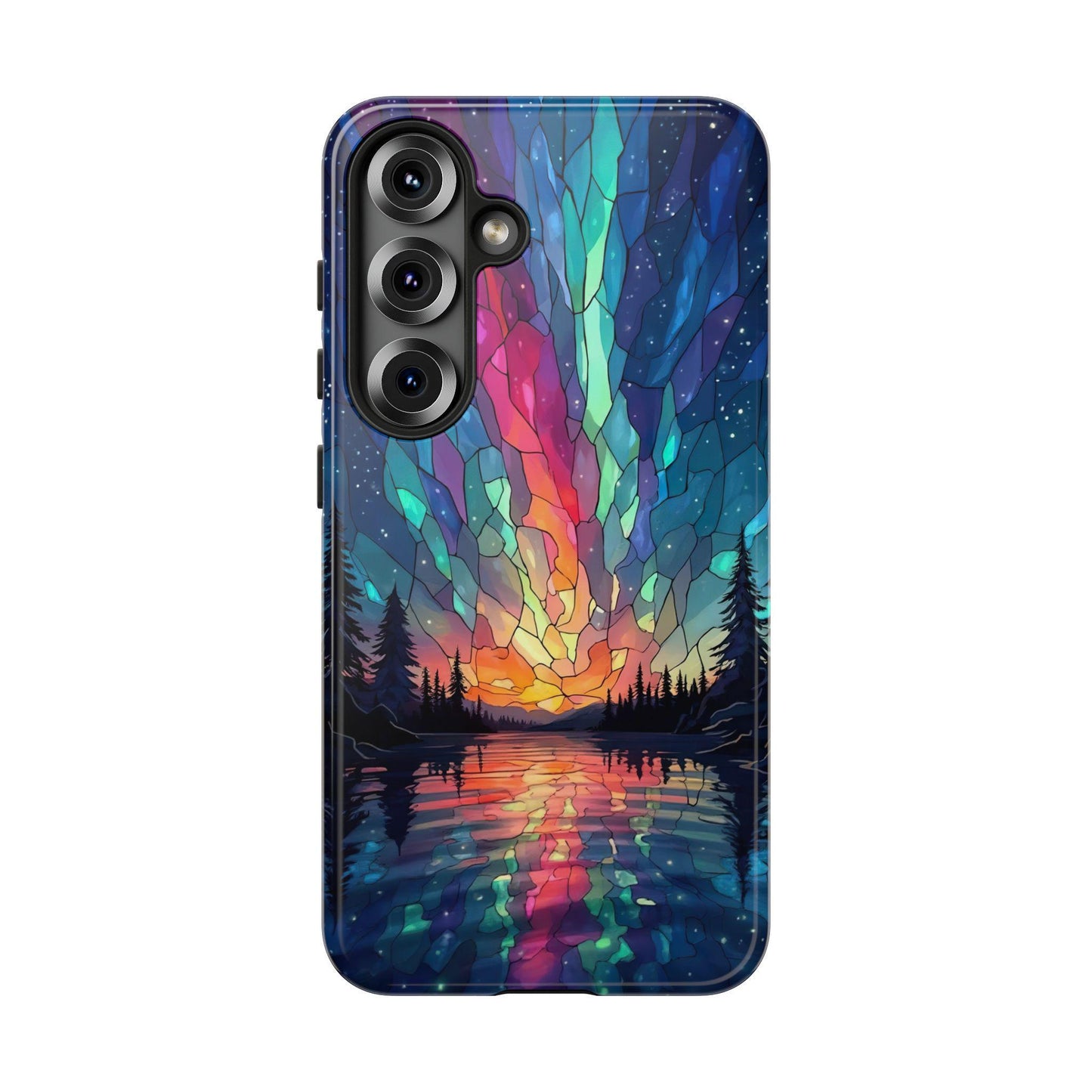 A phone case featuring a faux stained glass design of the northern lights over a lake with silhouetted trees, shown with a vertical triple-camera cutout.