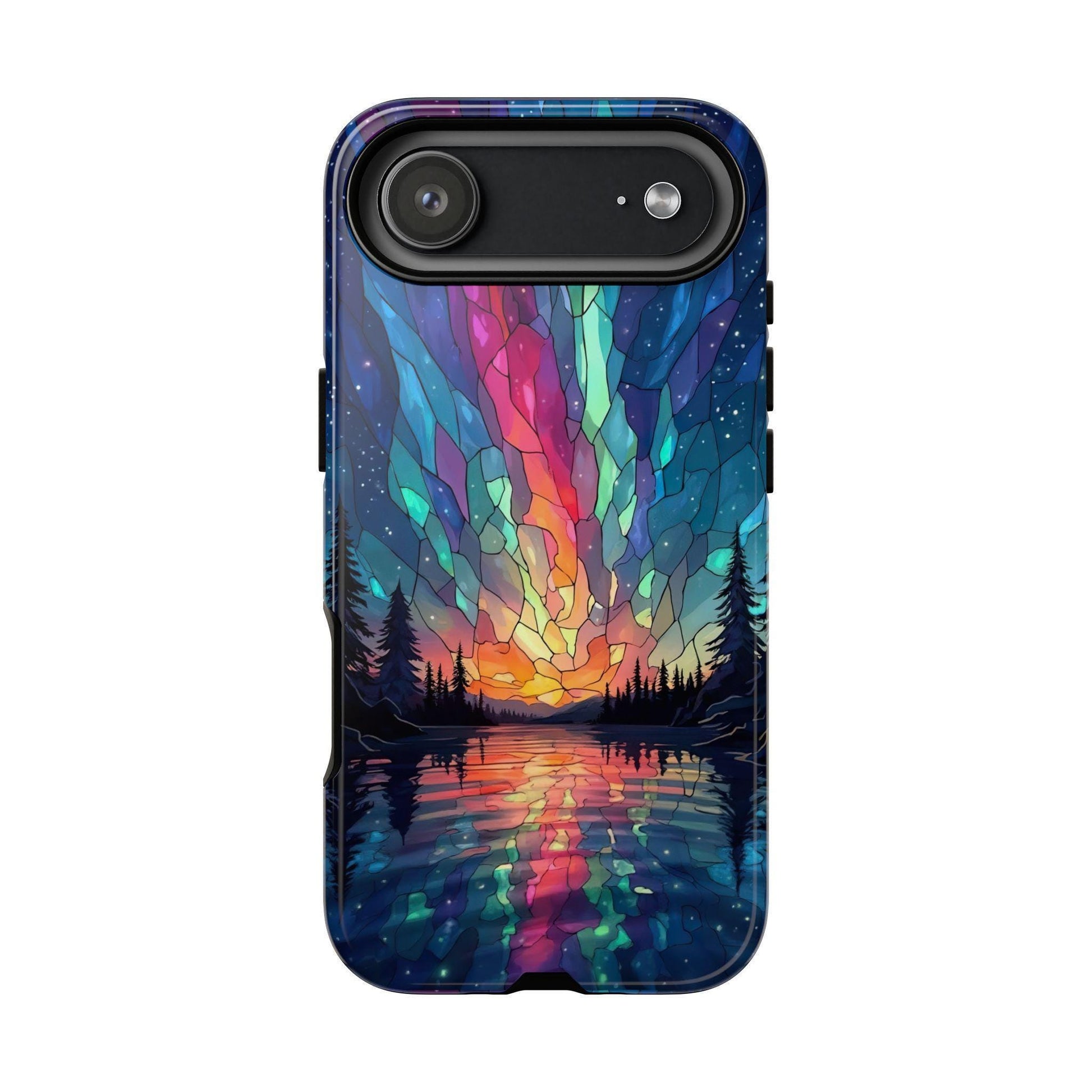 A phone case displaying a colorful faux stained glass northern lights landscape with a horizontal dual-camera module at the top.