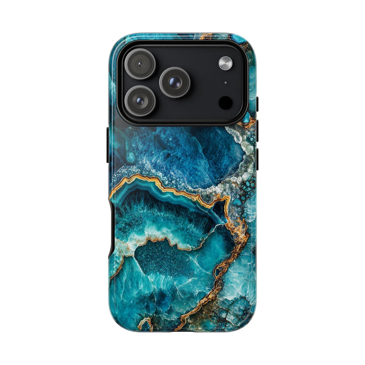 A phone case featuring a blue and teal crystal geode pattern with gold mineral vein accents.