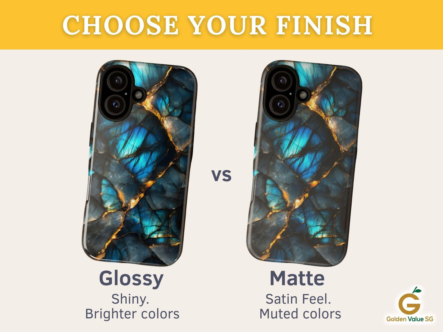 An informational graphic compares glossy and matte finishes of the labradorite gemstone phone case.