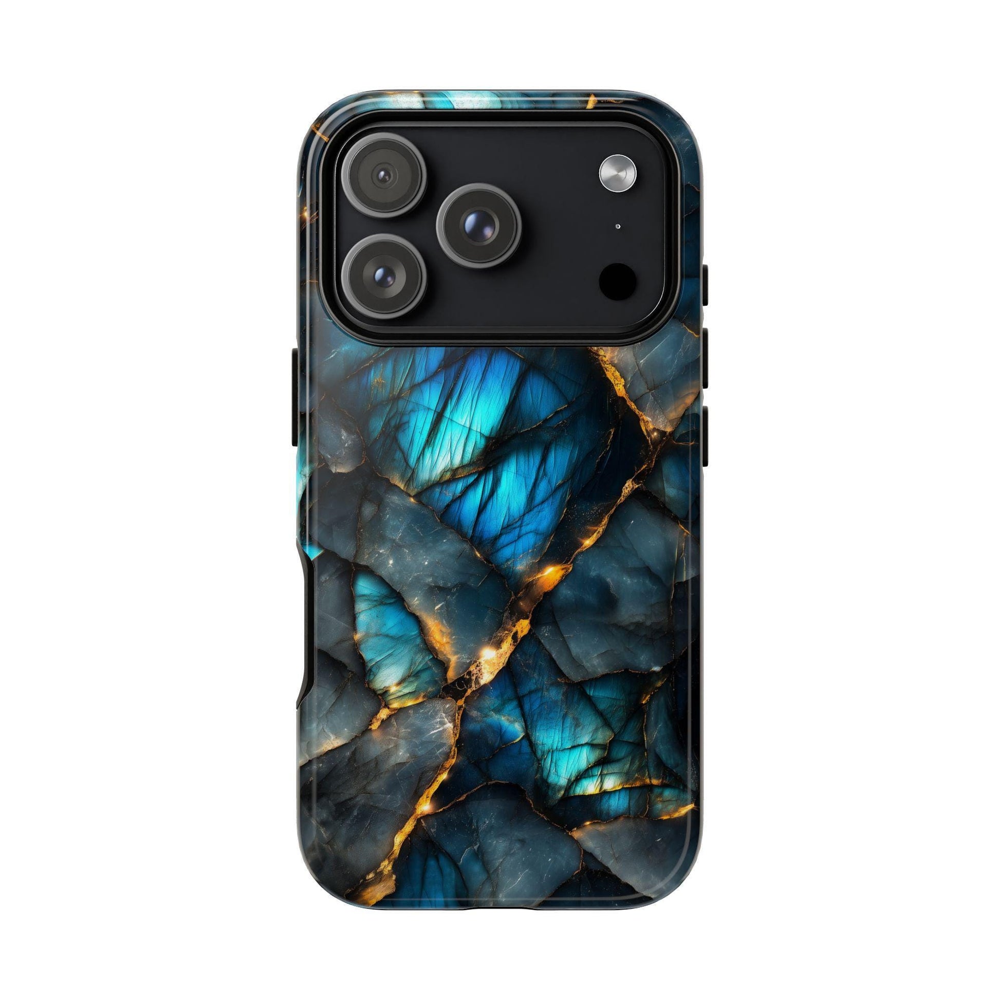 Back view of a smartphone case featuring a blue and gold labradorite gemstone print with a triple camera cutout.