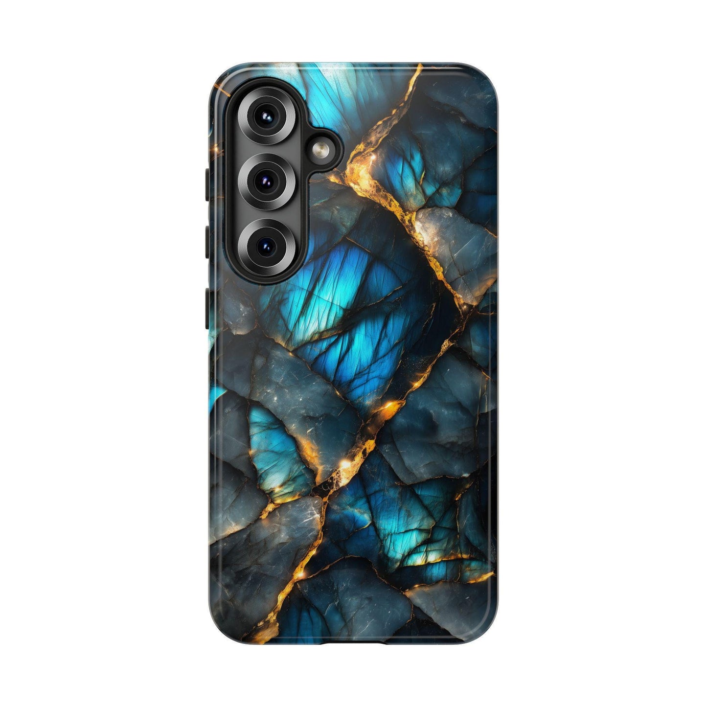 Vertical smartphone case featuring a cracked blue and gold labradorite stone texture and a side camera module cutout.
