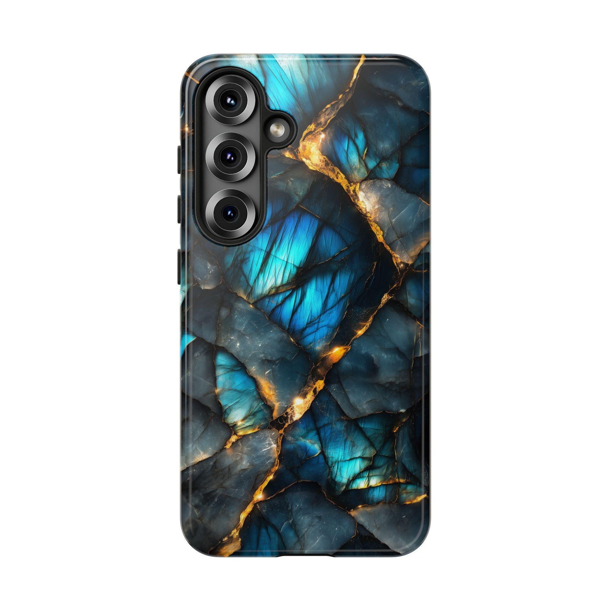 Vertical smartphone case featuring a cracked blue and gold labradorite stone texture and a side camera module cutout.