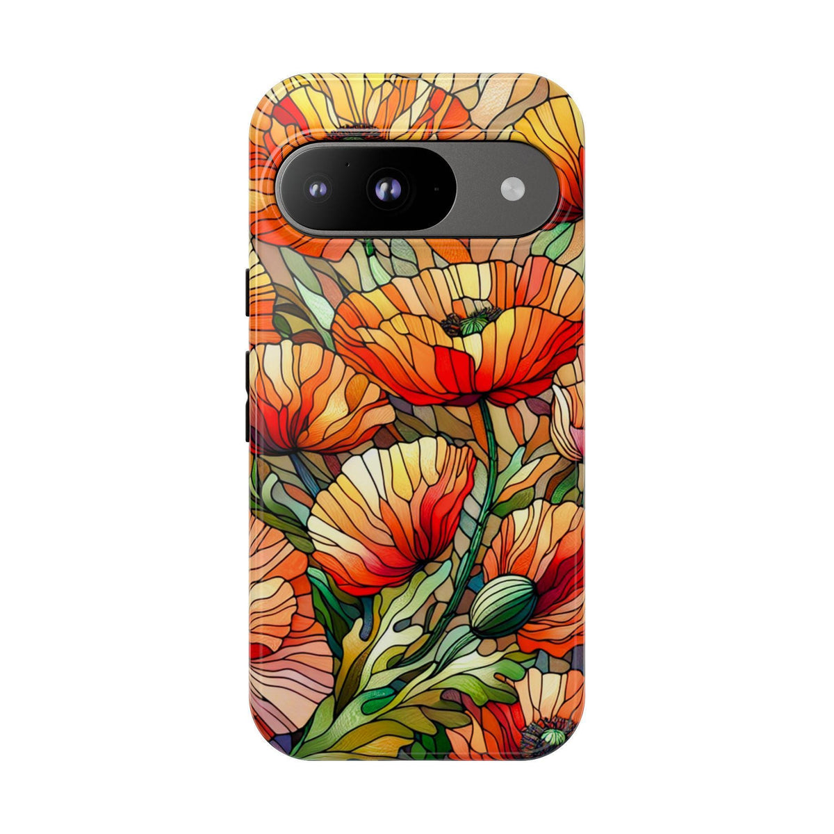 A phone case featuring a vibrant faux stained glass design with orange and red poppy flowers and green foliage.